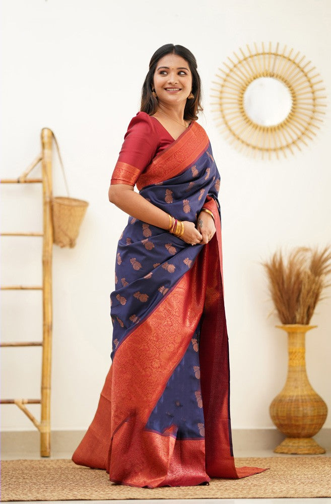 Woebegone Navy Blue Soft Banarasi Silk Saree With Confounding Blouse Piece