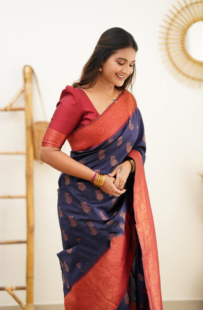 Woebegone Navy Blue Soft Banarasi Silk Saree With Confounding Blouse Piece