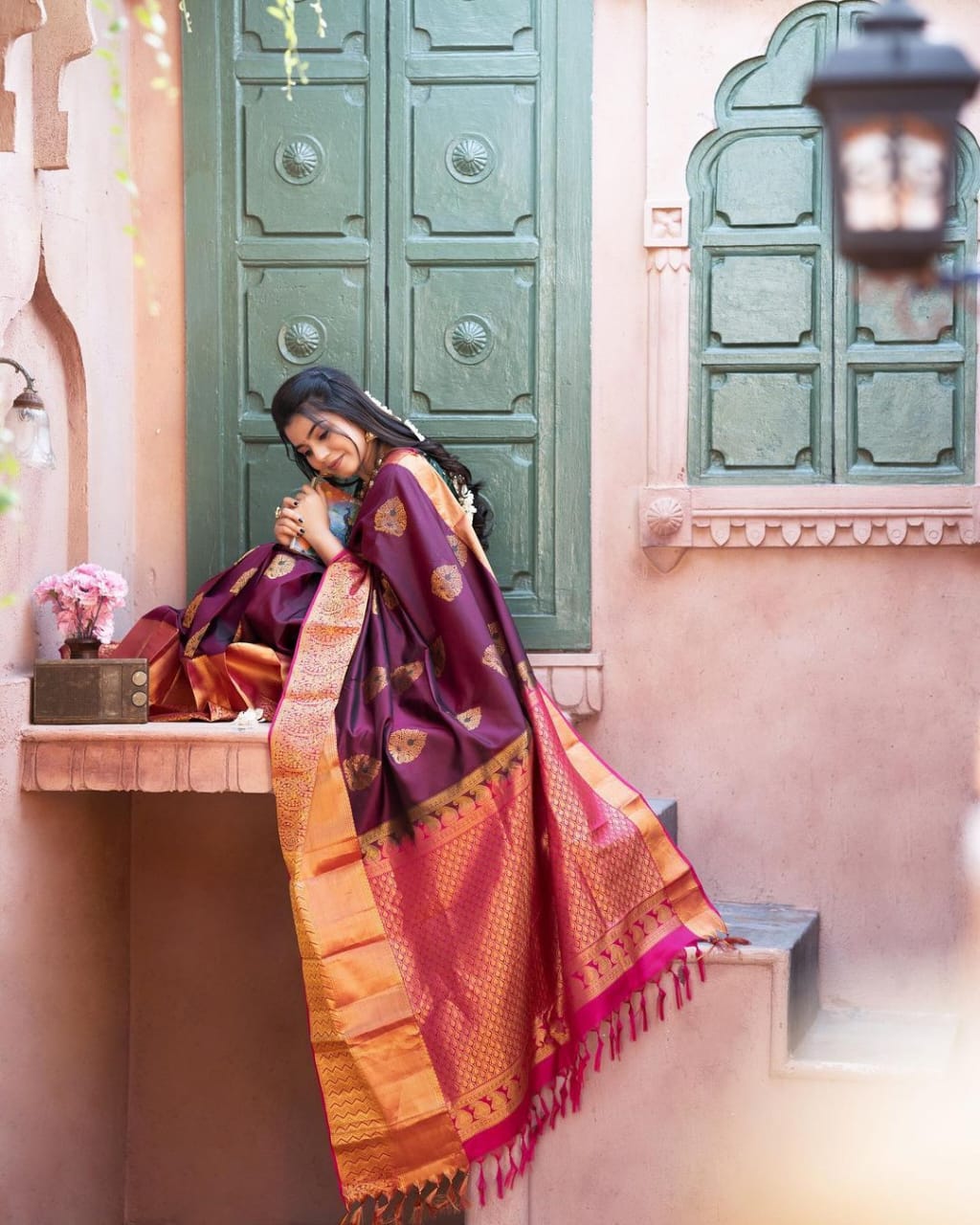 Dissemble Wine Soft Banarasi Silk Saree With Adorable Blouse Piece