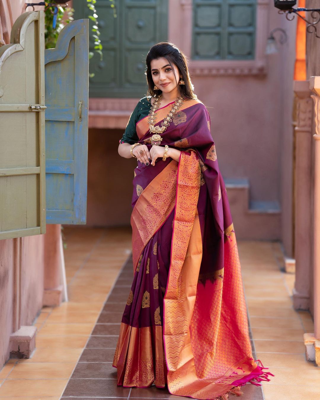 Dissemble Wine Soft Banarasi Silk Saree With Adorable Blouse Piece