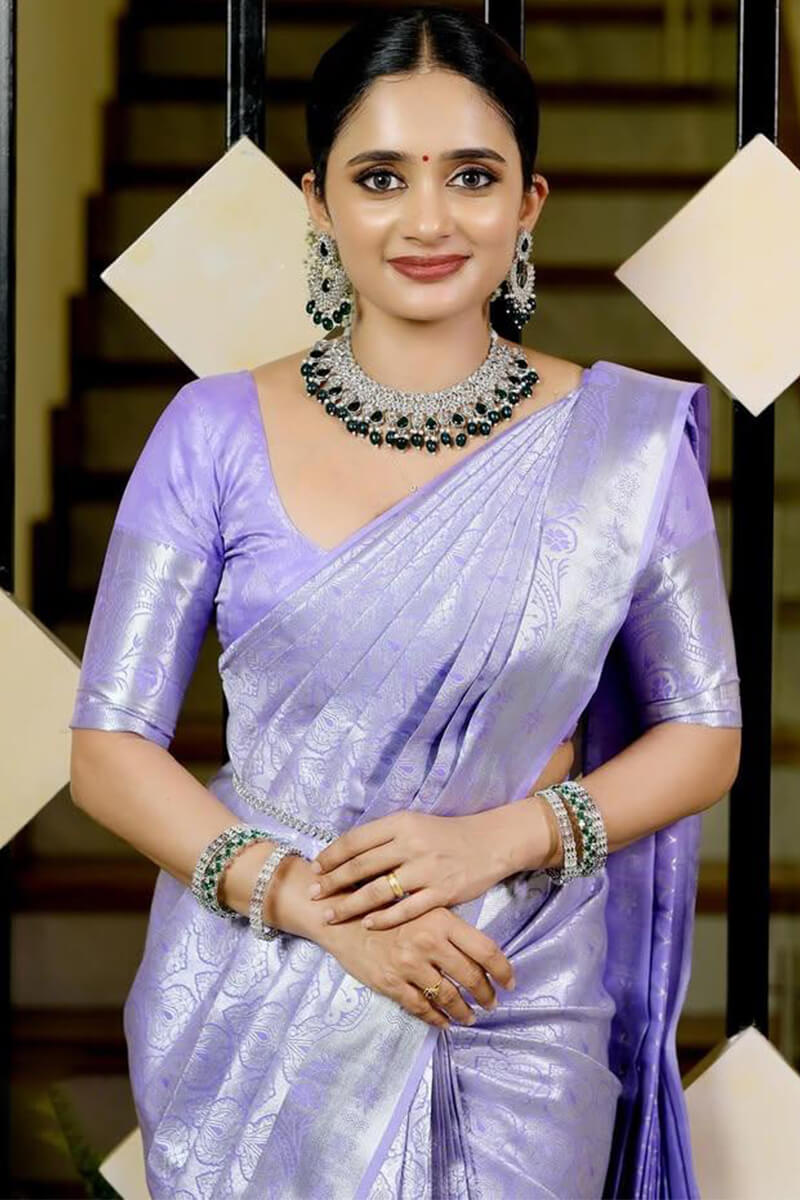 Demanding Lavender Soft Silk Saree With Ethnic Blouse Piece