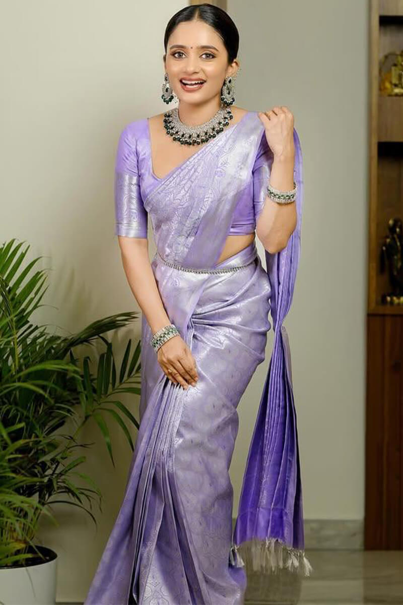 Demanding Lavender Soft Silk Saree With Ethnic Blouse Piece