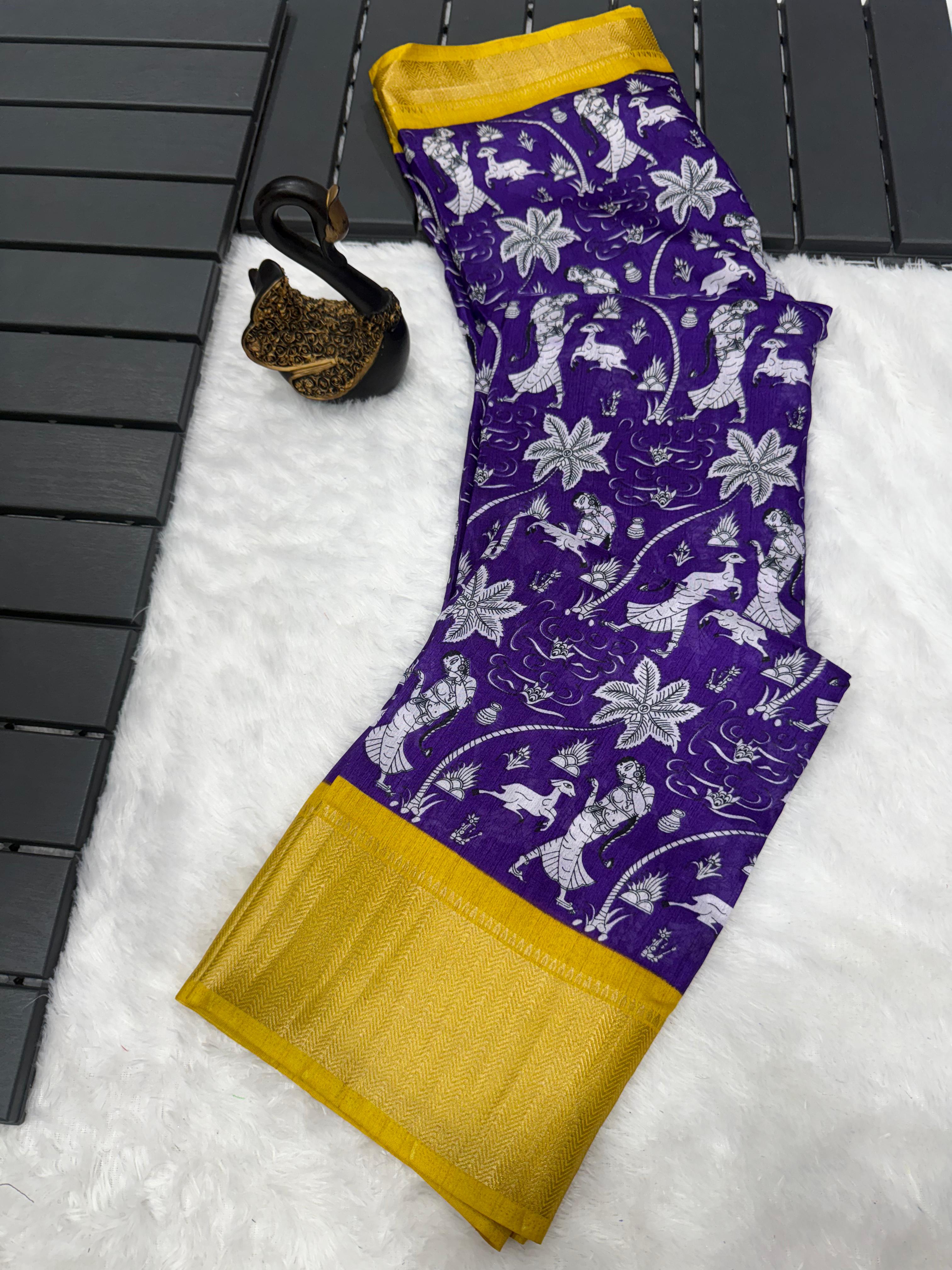 Elaborate Royal Blue Digital Printed Dola Silk Saree With Proficient Blouse Piece