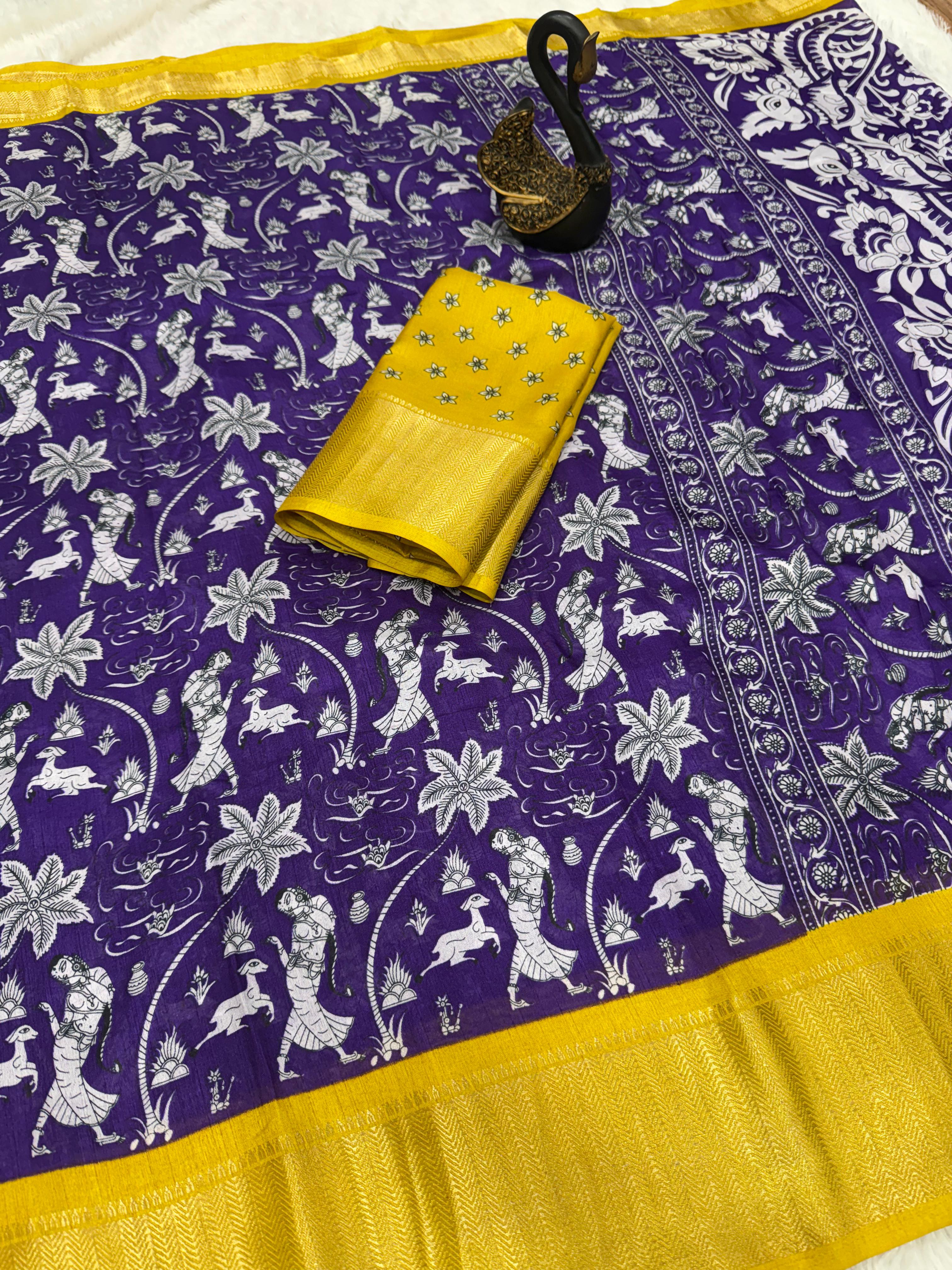 Elaborate Royal Blue Digital Printed Dola Silk Saree With Proficient Blouse Piece