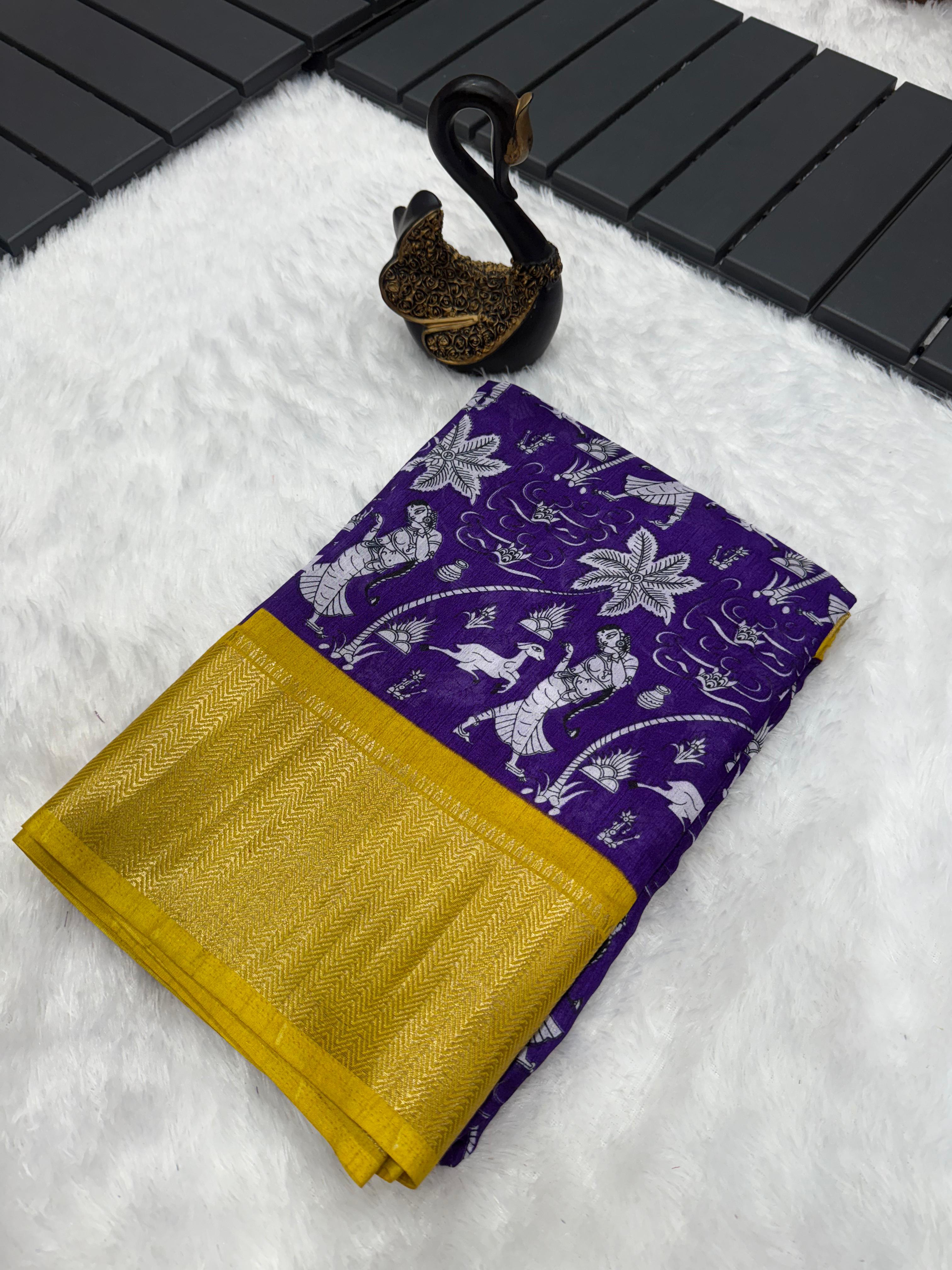 Elaborate Royal Blue Digital Printed Dola Silk Saree With Proficient Blouse Piece