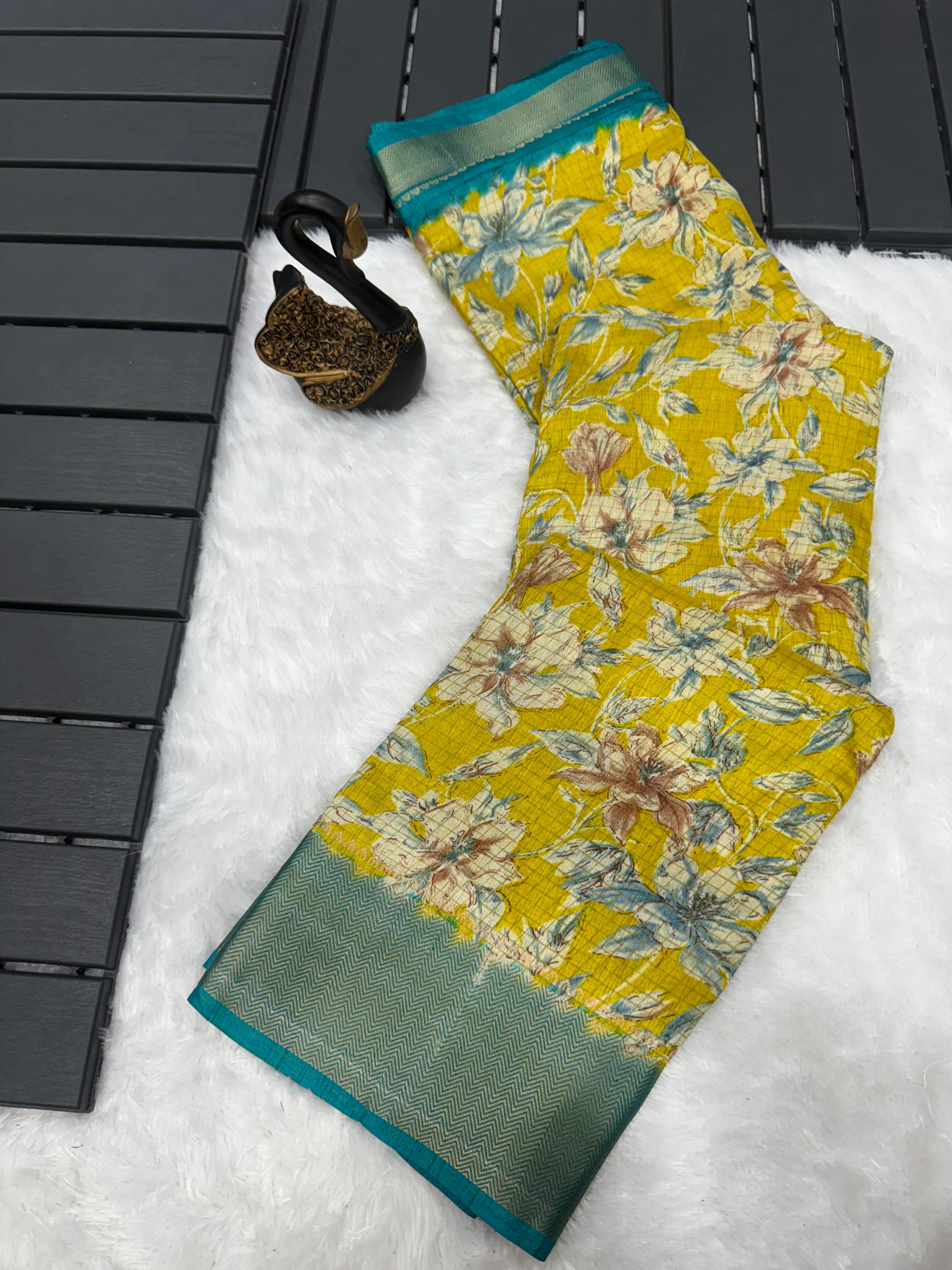 Luxuriant Mustard Digital Printed Dola Silk Saree With Imaginative Blouse Piece