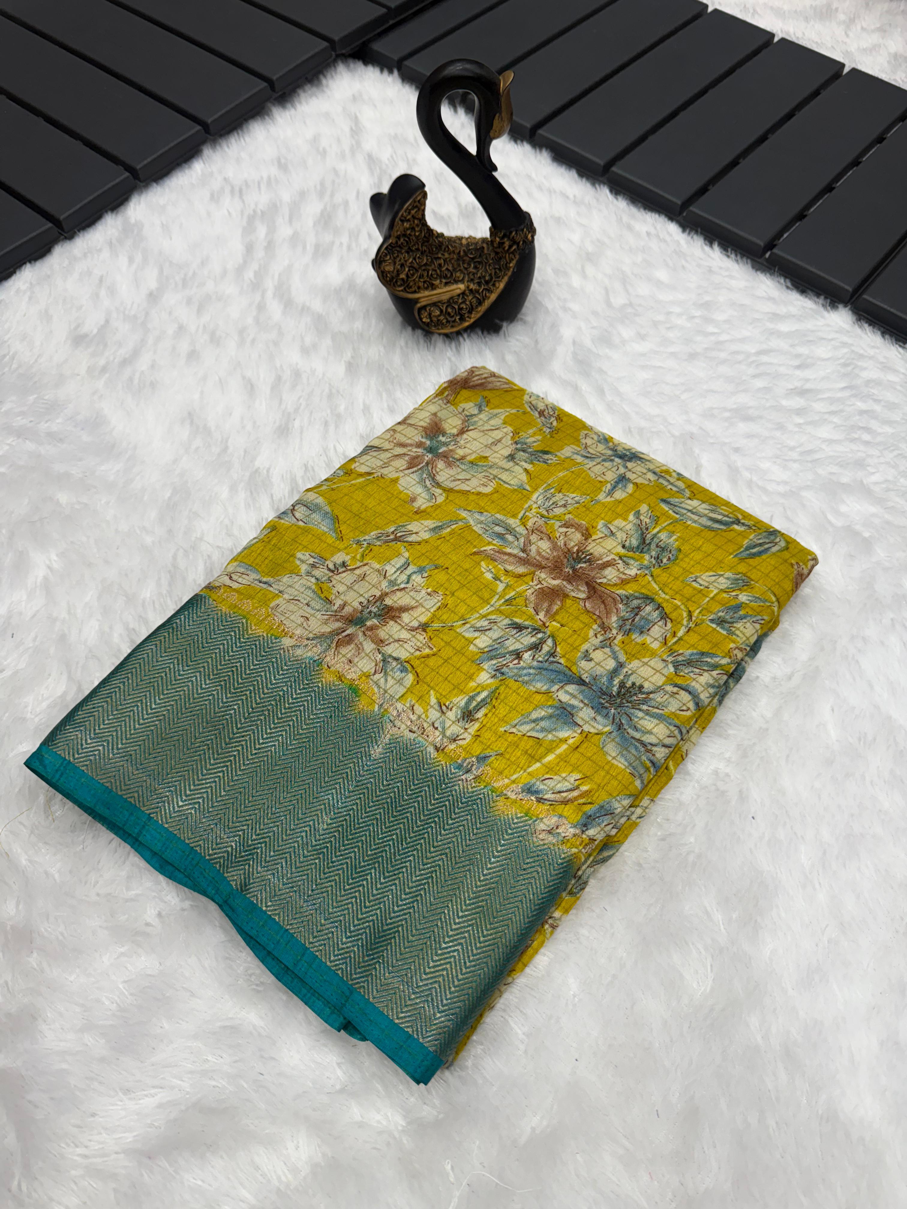 Luxuriant Mustard Digital Printed Dola Silk Saree With Imaginative Blouse Piece