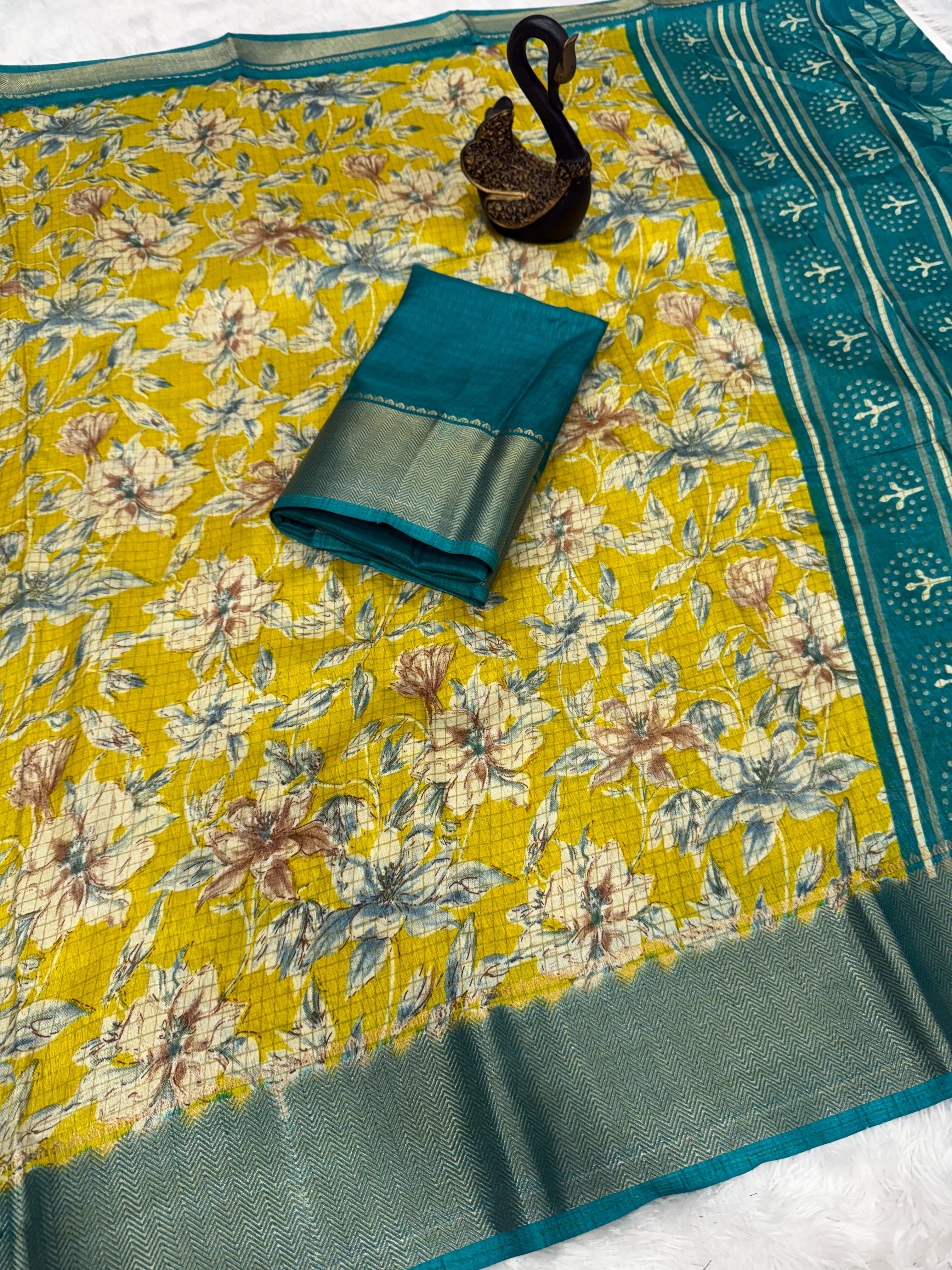 Luxuriant Mustard Digital Printed Dola Silk Saree With Imaginative Blouse Piece