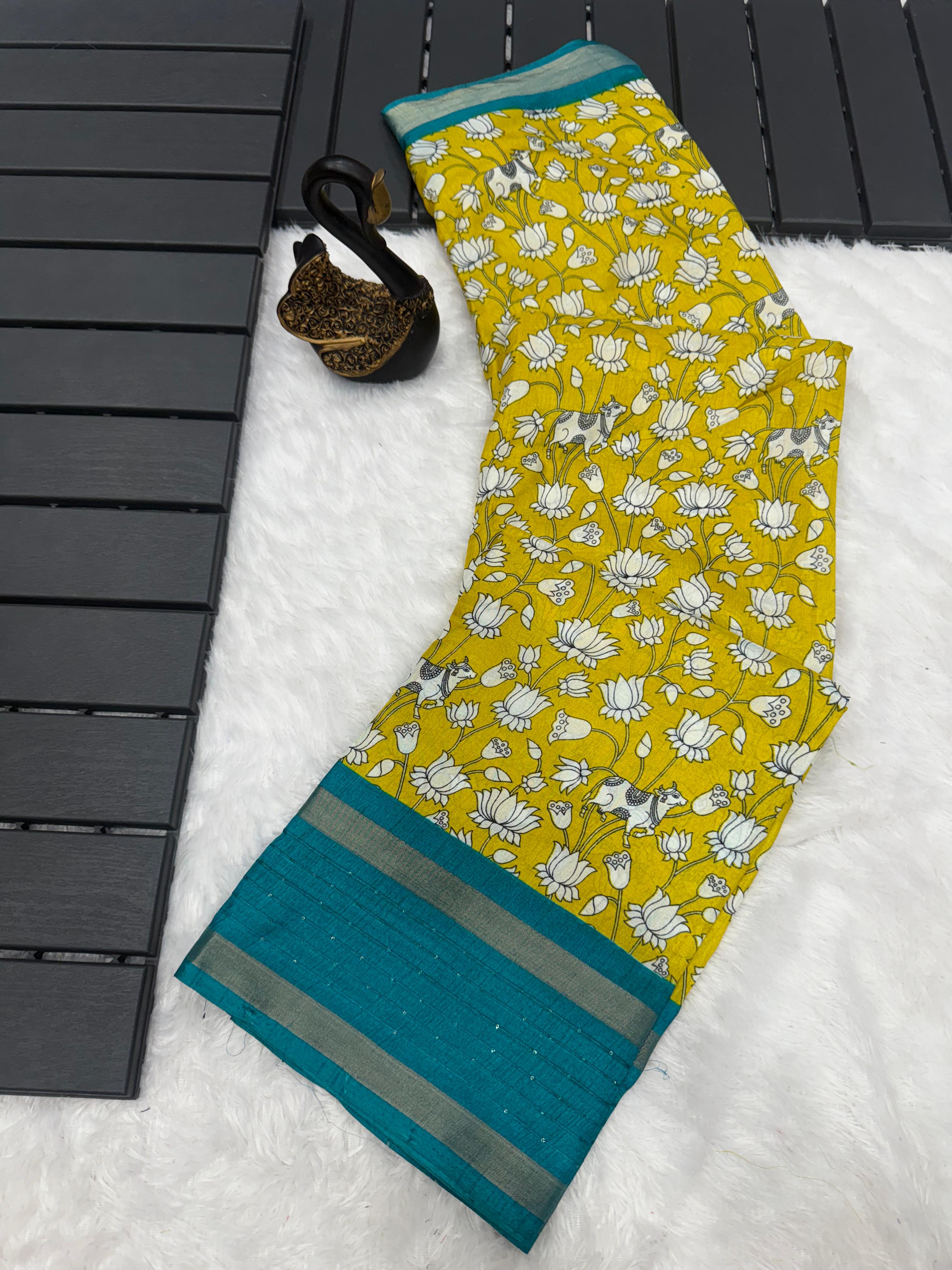 Panache Mustard Digital Printed Dola Silk Saree With Radiant Blouse Piece