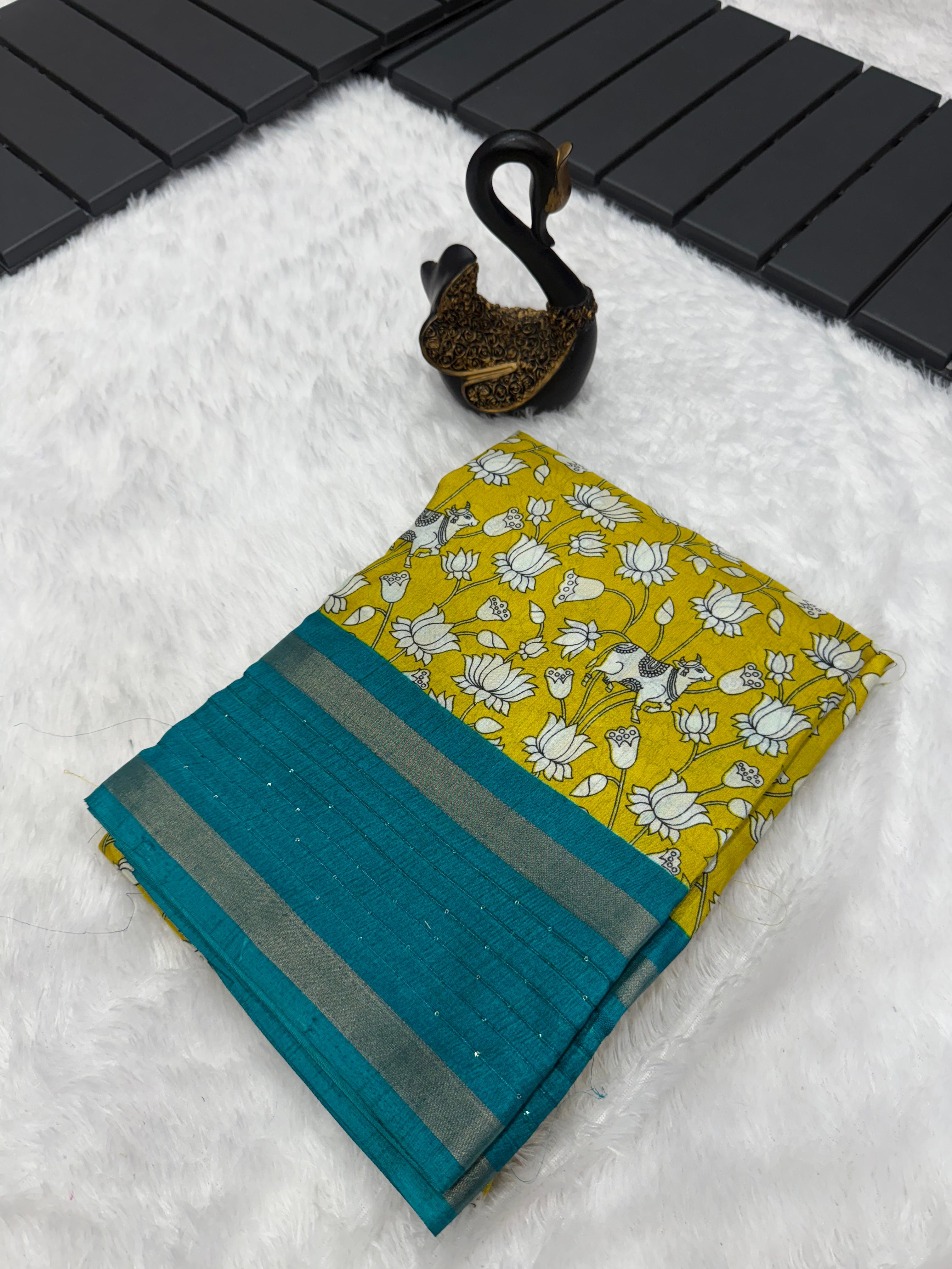 Panache Mustard Digital Printed Dola Silk Saree With Radiant Blouse Piece