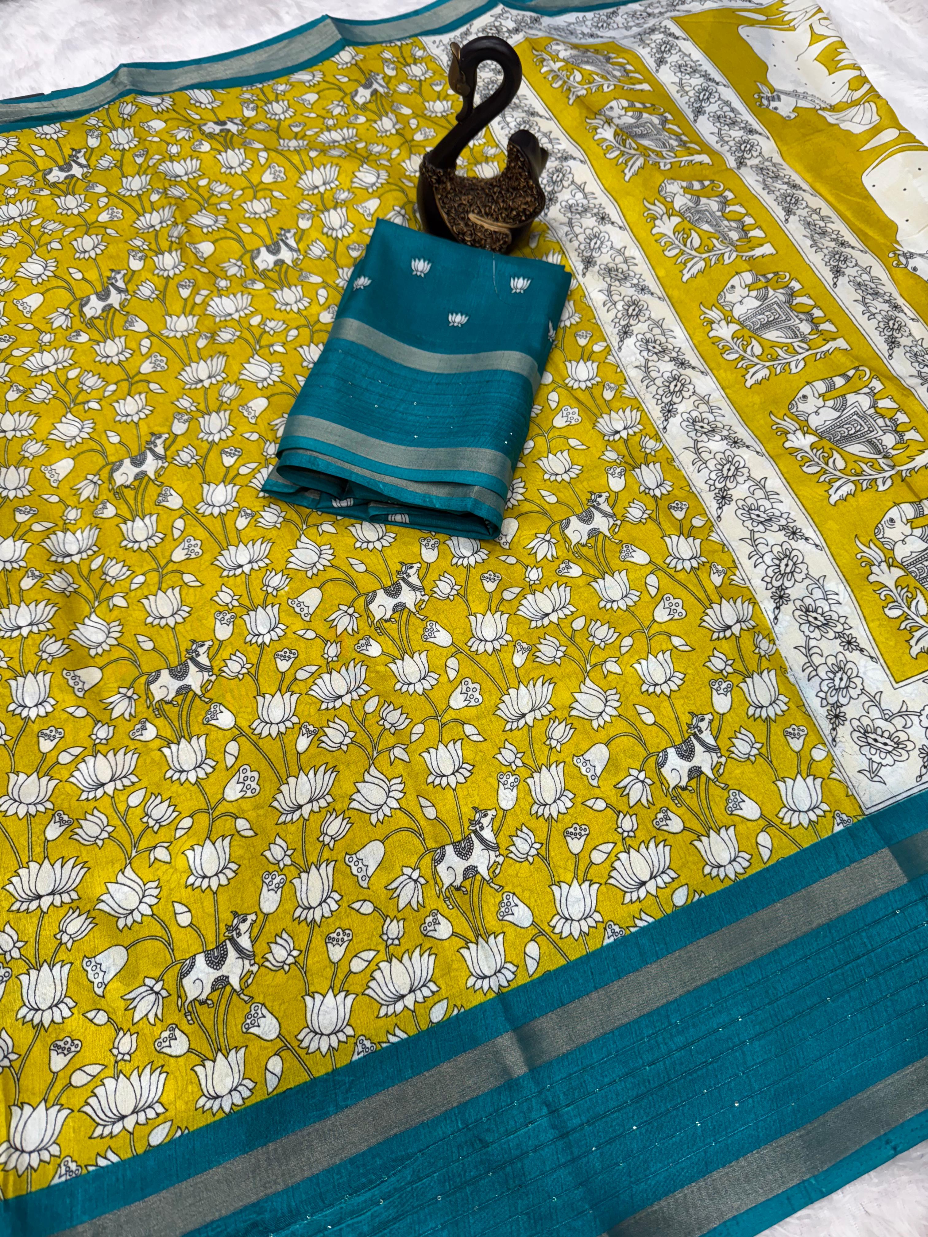 Panache Mustard Digital Printed Dola Silk Saree With Radiant Blouse Piece