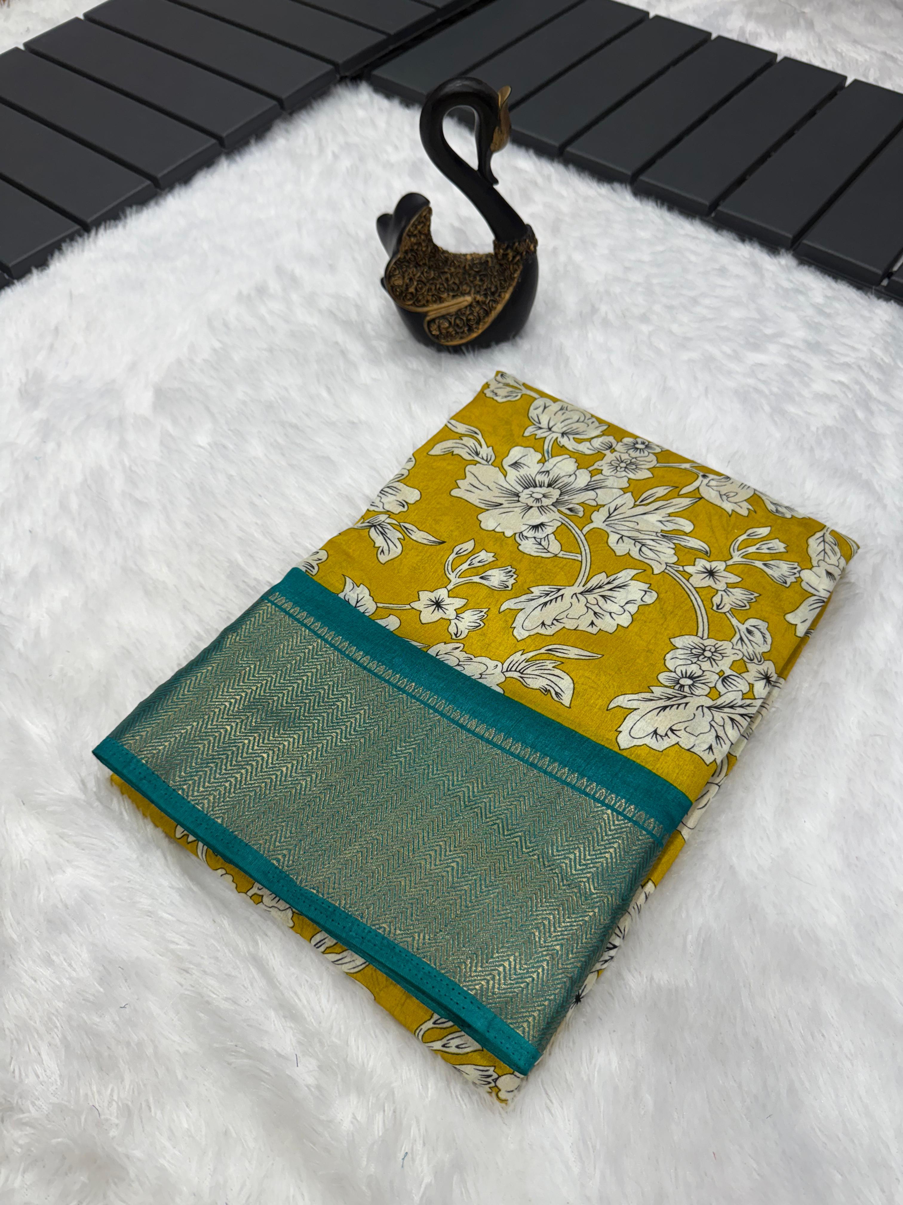 Enthralling Mustard Digital Printed Dola Silk Saree With Ornate Blouse Piece