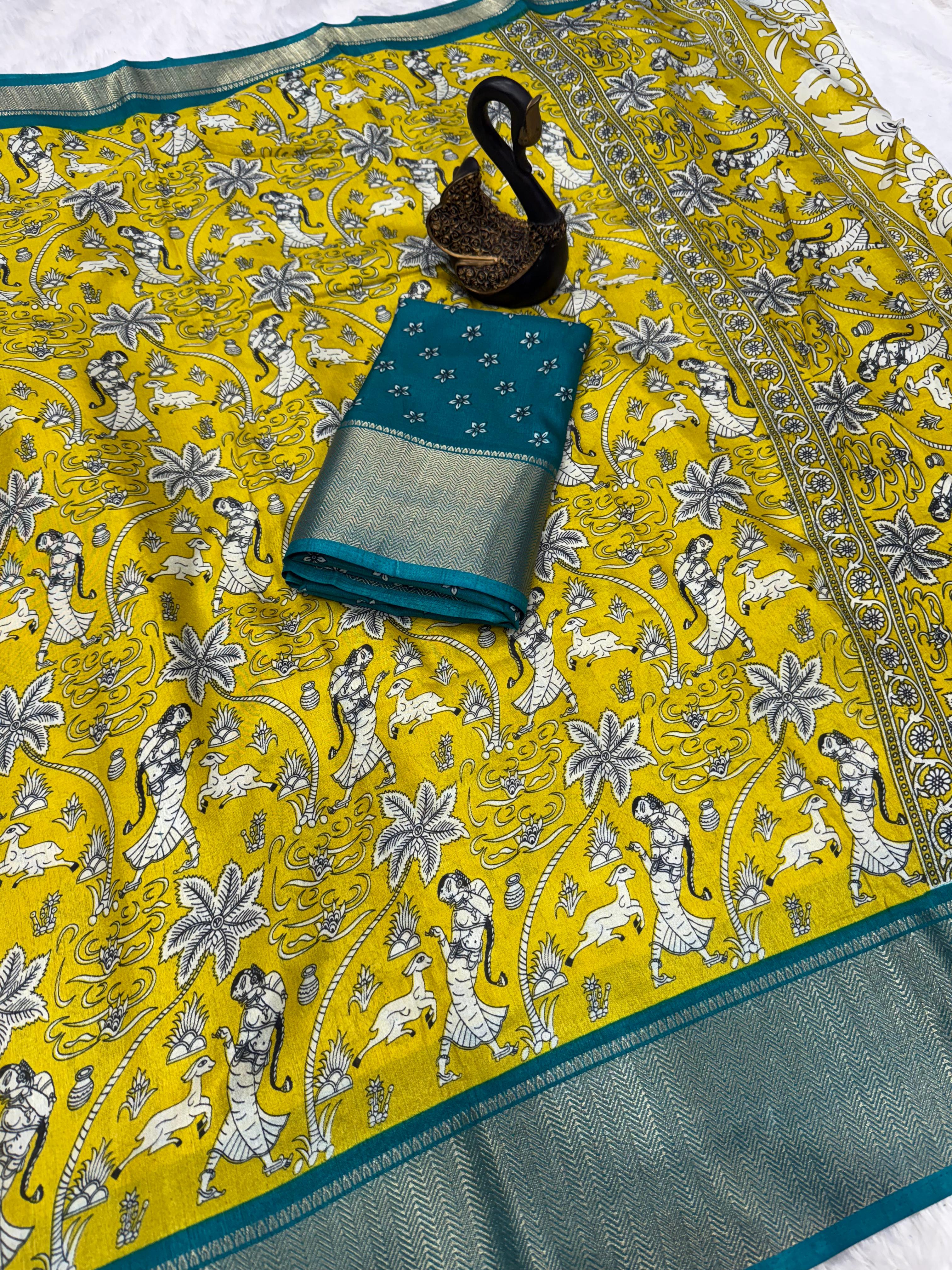 Majestic Mustard Digital Printed Dola Silk Saree With Jubilant Blouse Piece
