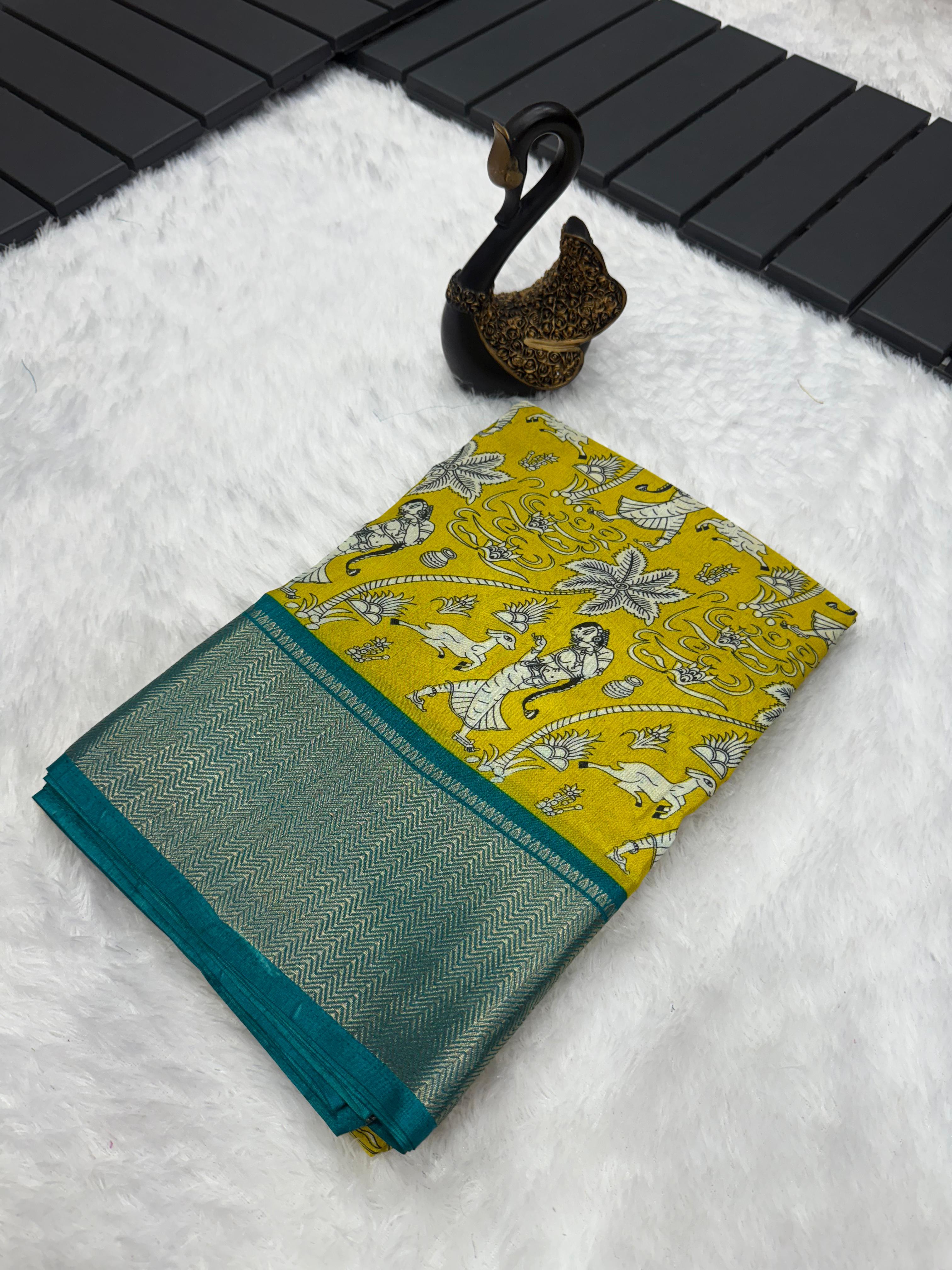 Majestic Mustard Digital Printed Dola Silk Saree With Jubilant Blouse Piece