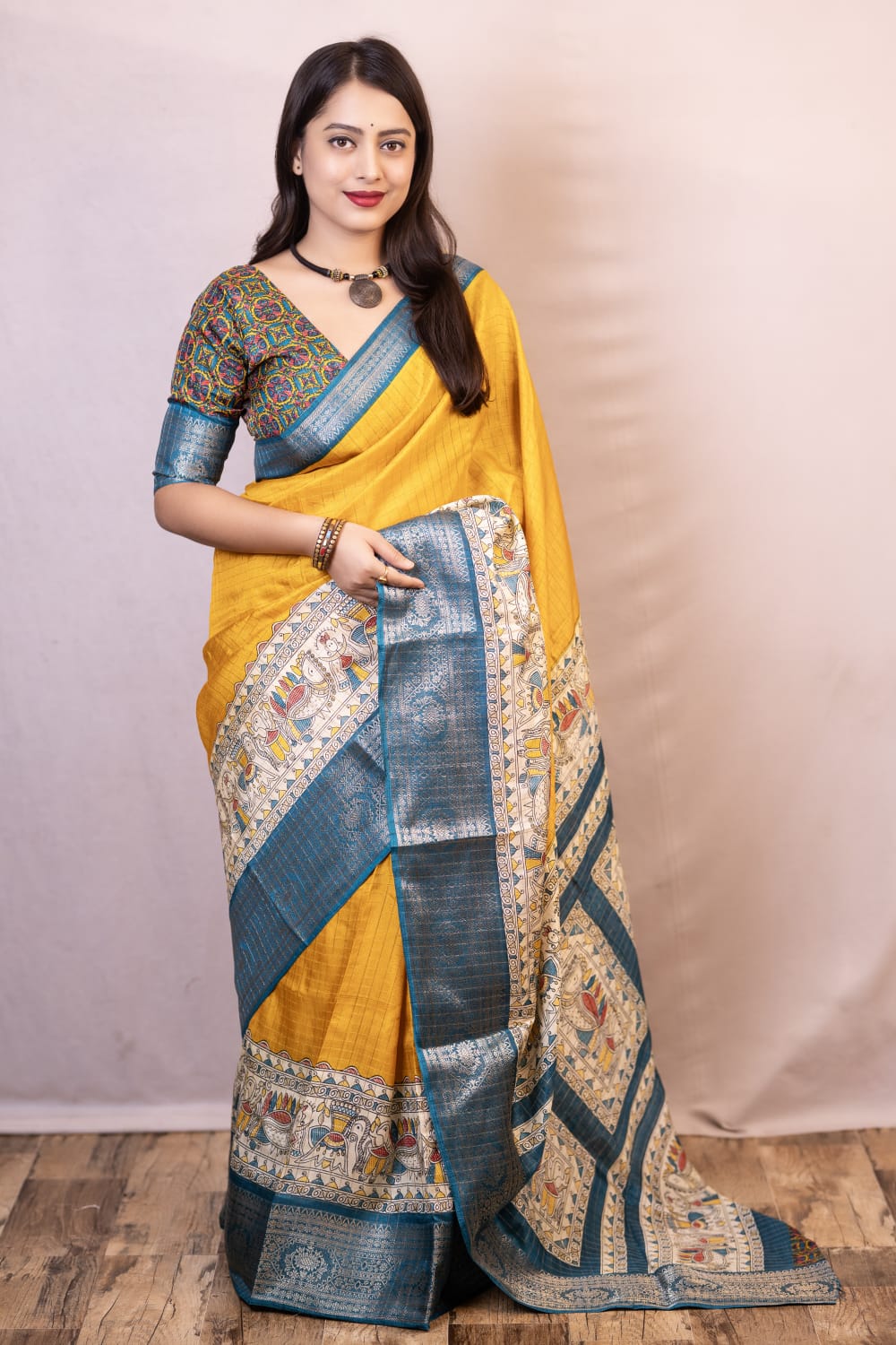 Attractive Mustard Digital Printed Dola Silk Saree With Flaunt Blouse Piece
