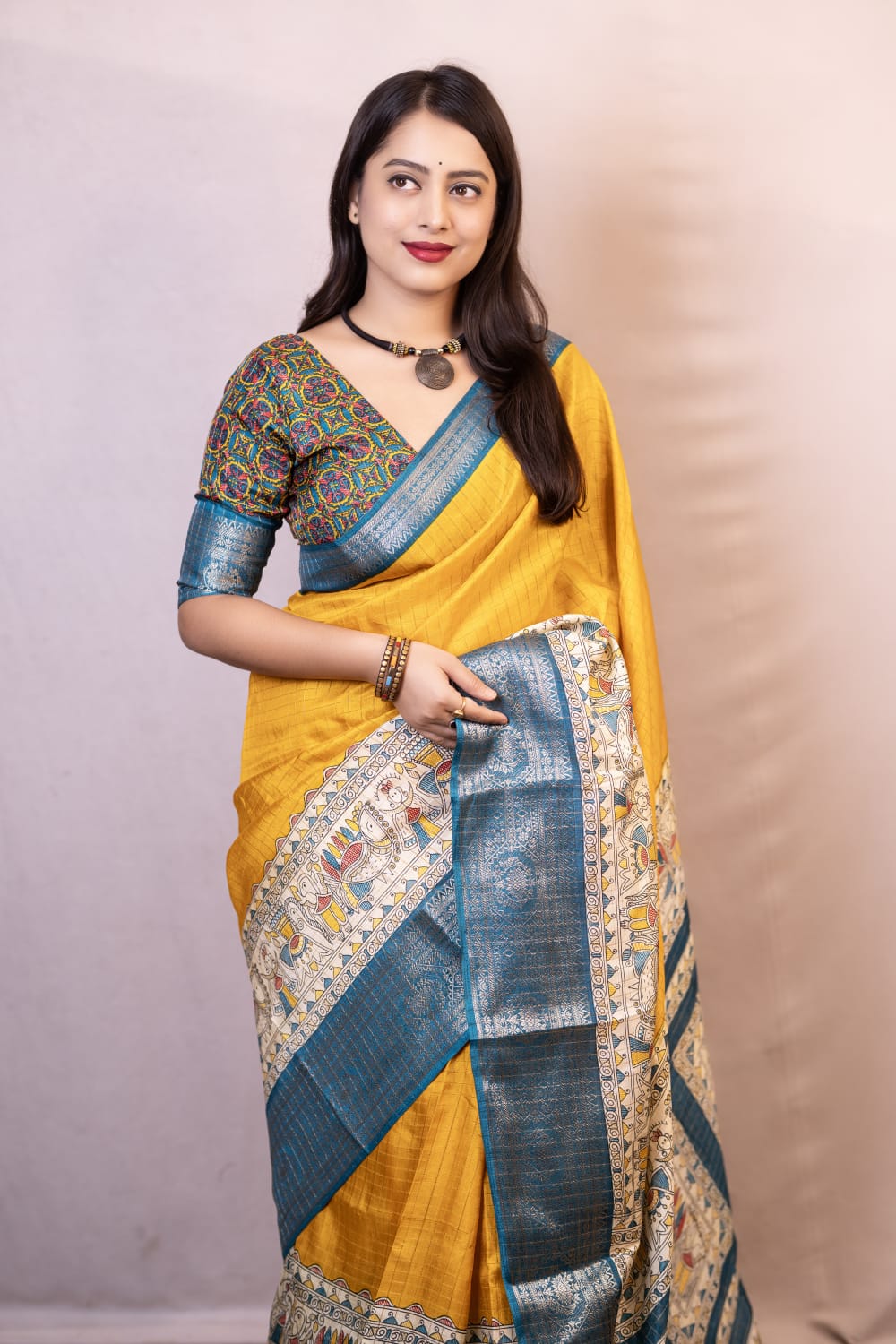 Attractive Mustard Digital Printed Dola Silk Saree With Flaunt Blouse Piece