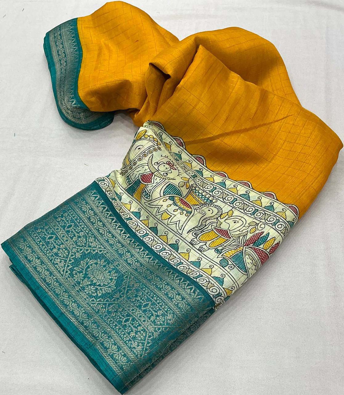 Attractive Mustard Digital Printed Dola Silk Saree With Flaunt Blouse Piece