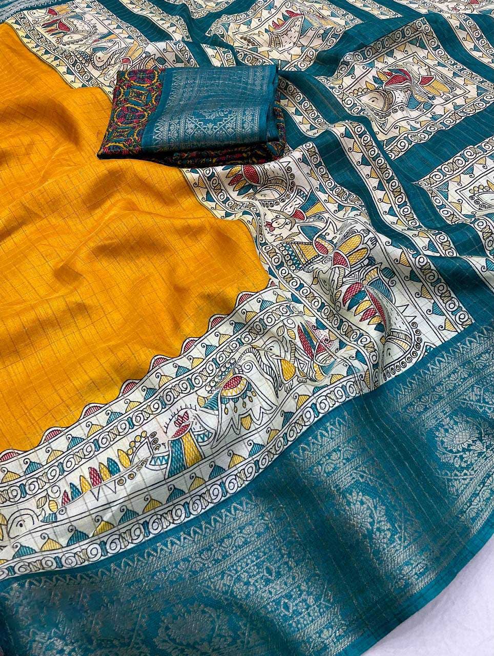 Attractive Mustard Digital Printed Dola Silk Saree With Flaunt Blouse Piece