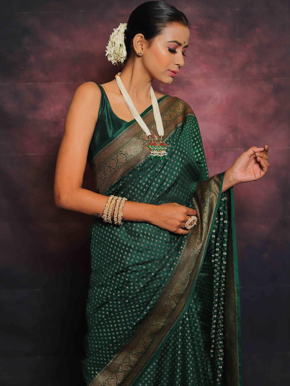 Nectarous Dark Green Soft Silk Saree With Luminous Blouse Piece