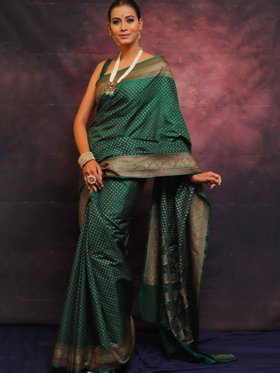 Nectarous Dark Green Soft Silk Saree With Luminous Blouse Piece