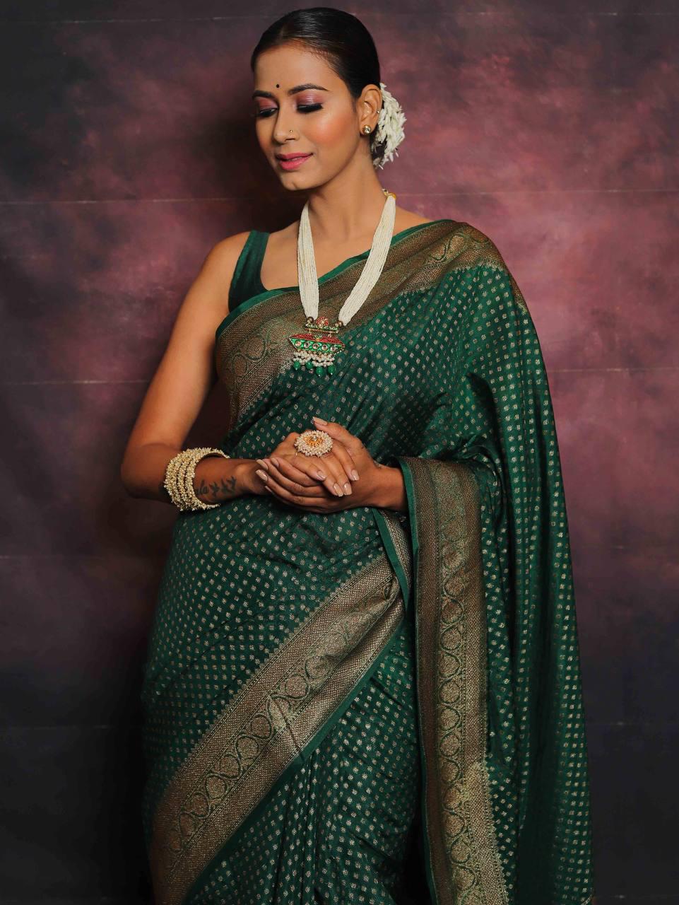 Nectarous Dark Green Soft Silk Saree With Luminous Blouse Piece