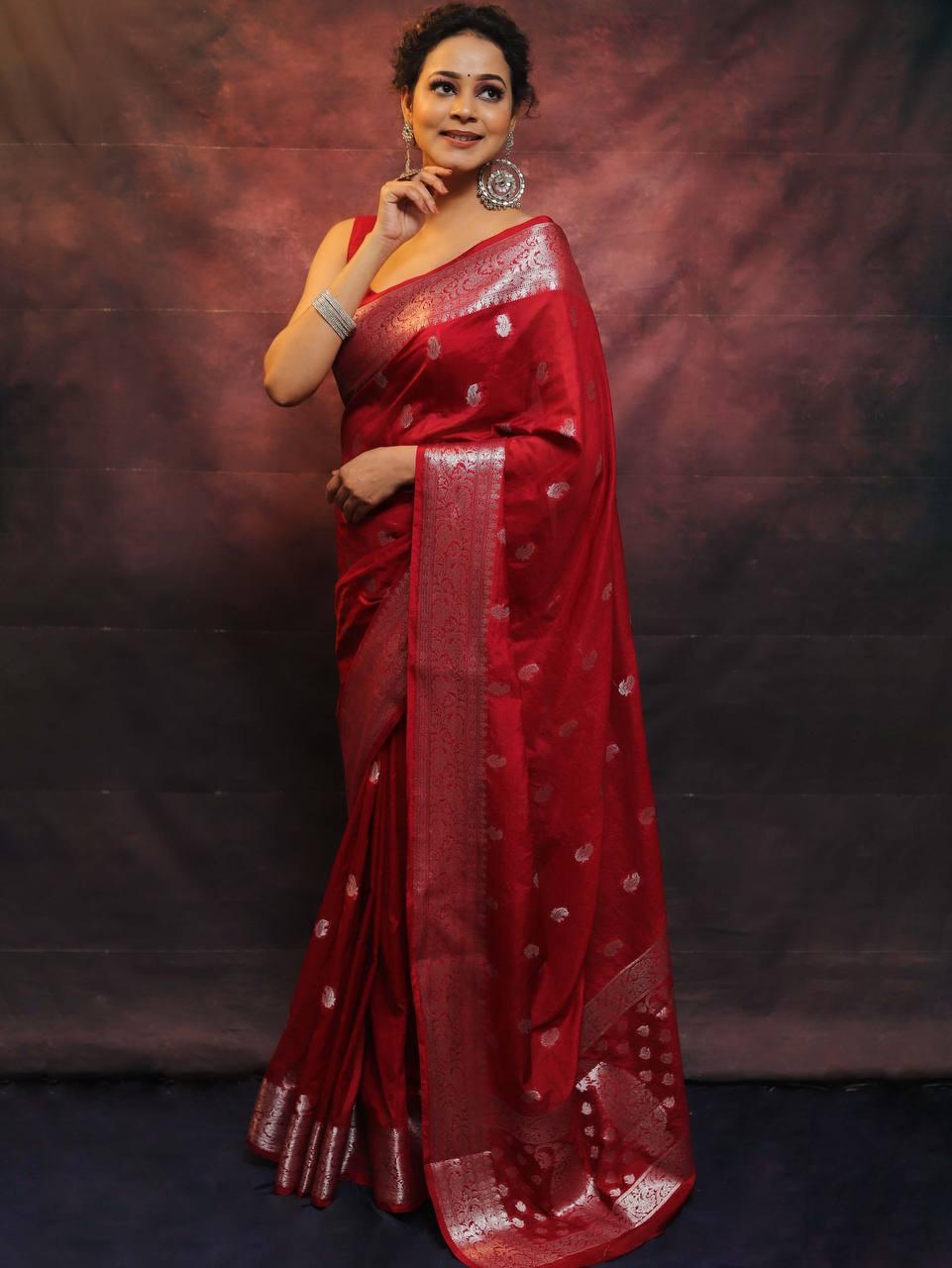 Panache Red Soft Silk Saree With Unequalled Blouse Piece