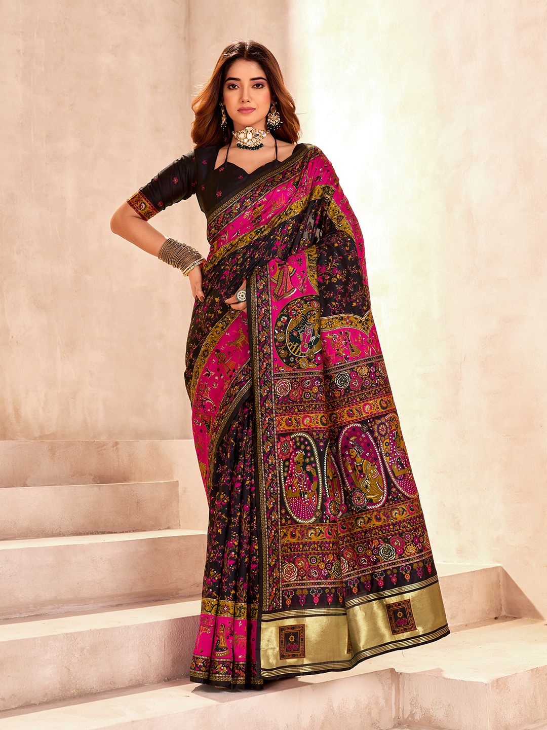 Sempiternal Black Nylon Dola Pashmina Saree With Effulgent Blouse Piece