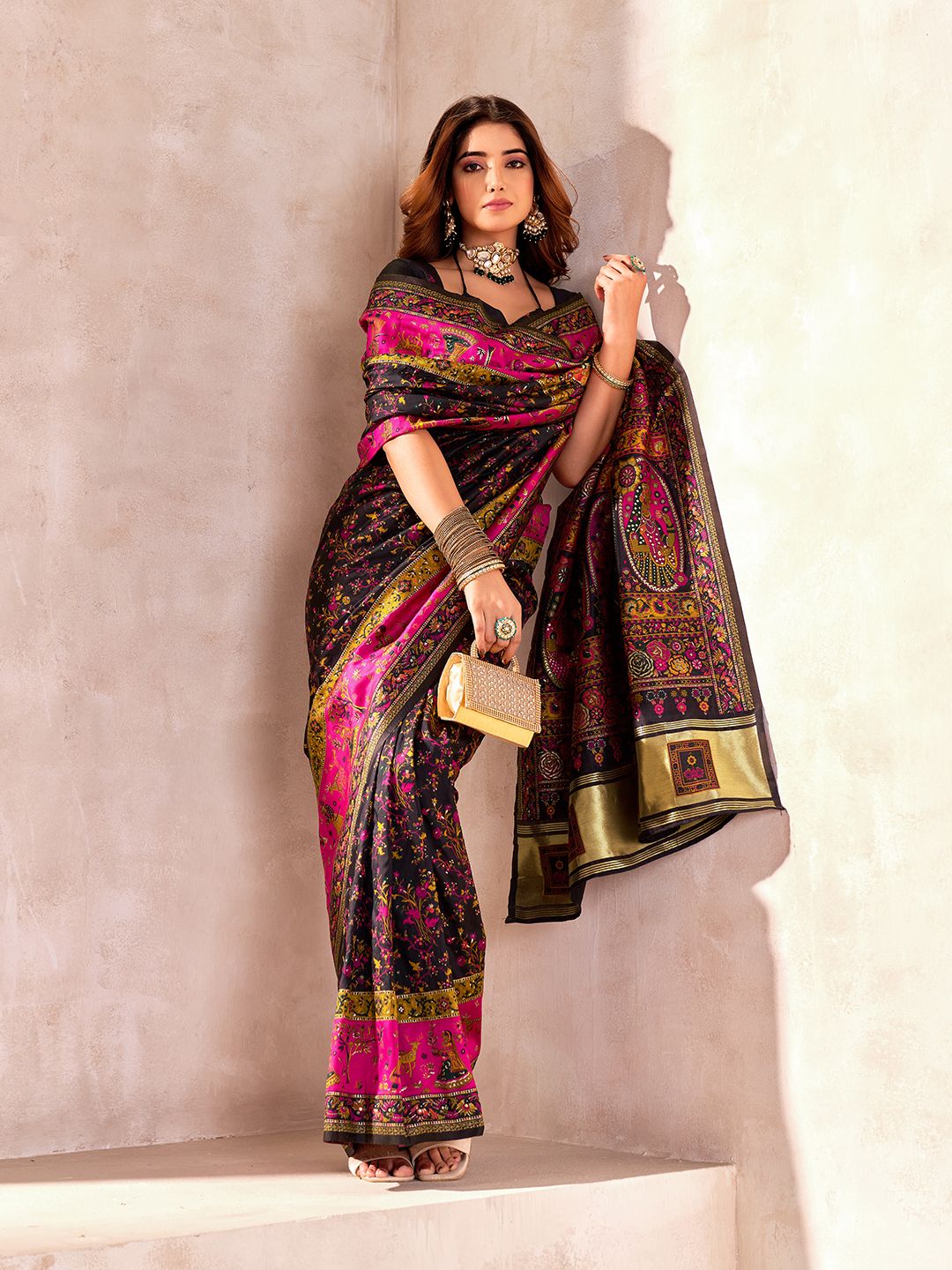 Sempiternal Black Nylon Dola Pashmina Saree With Effulgent Blouse Piece