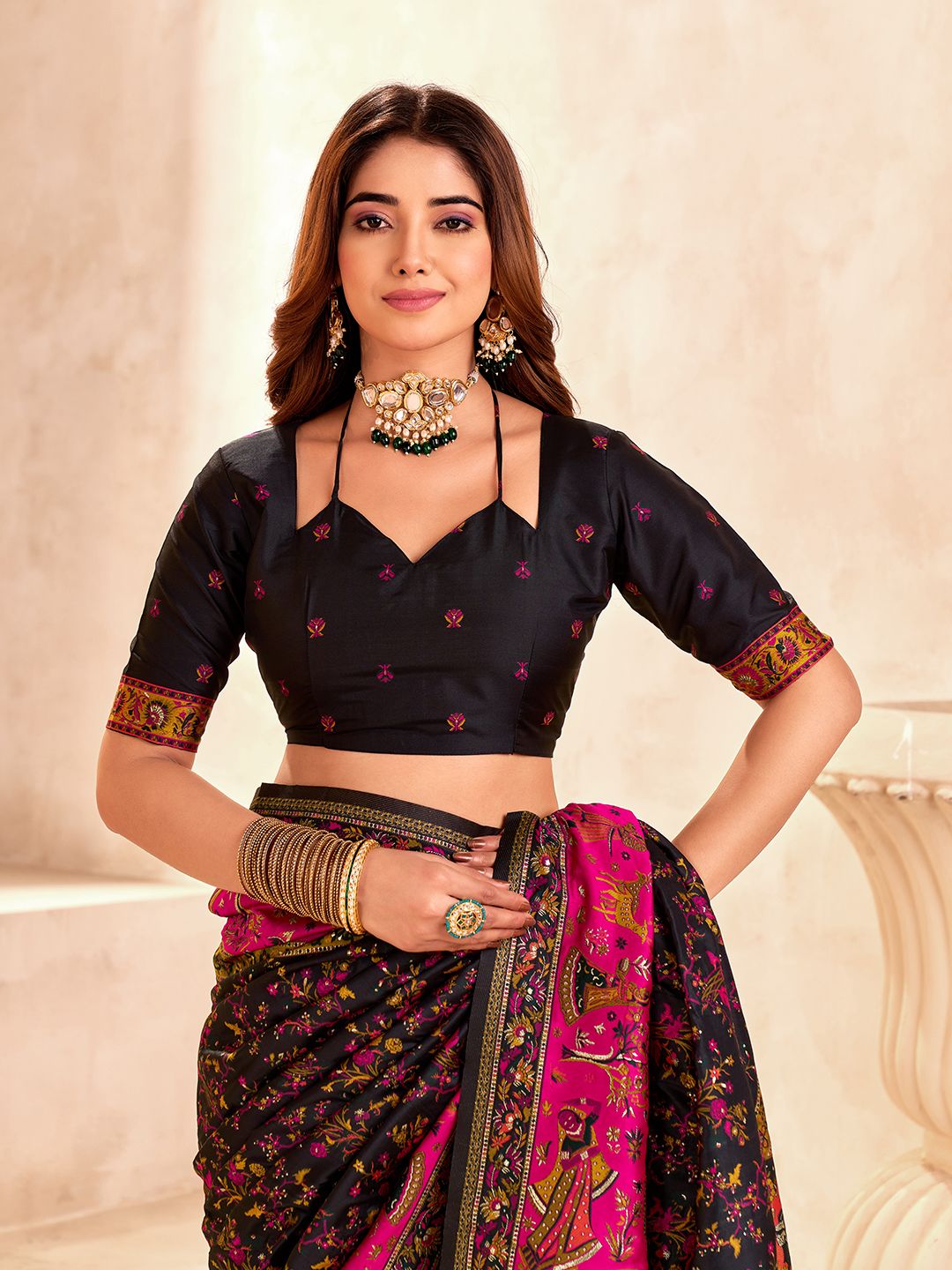 Sempiternal Black Nylon Dola Pashmina Saree With Effulgent Blouse Piece
