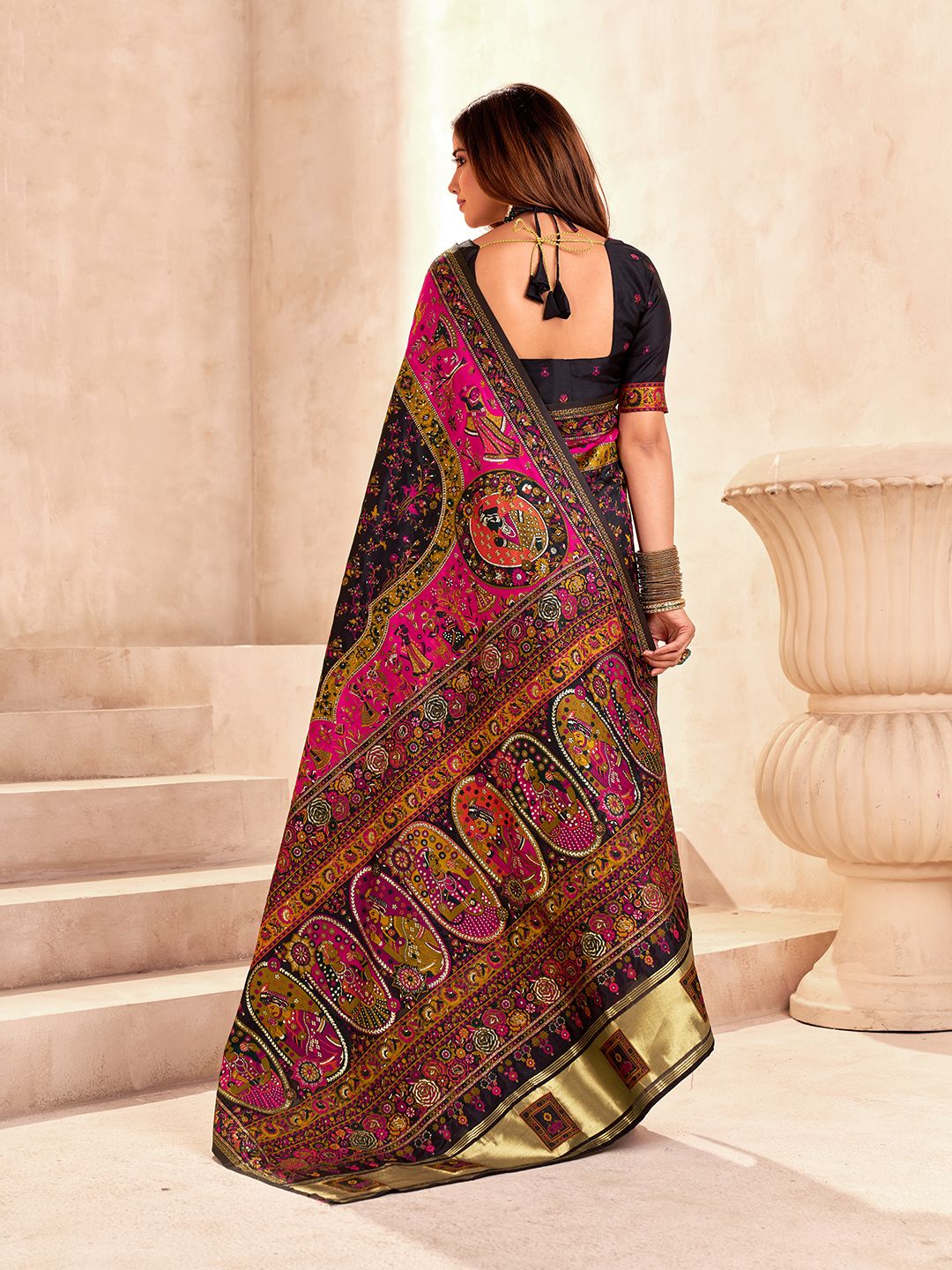 Sempiternal Black Nylon Dola Pashmina Saree With Effulgent Blouse Piece
