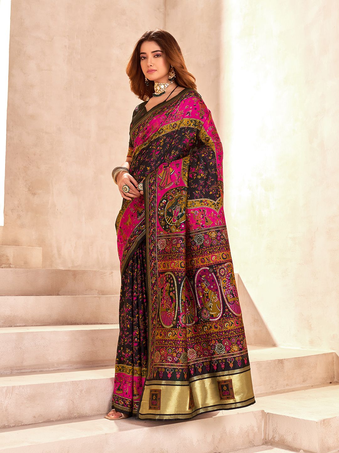 Sempiternal Black Nylon Dola Pashmina Saree With Effulgent Blouse Piece
