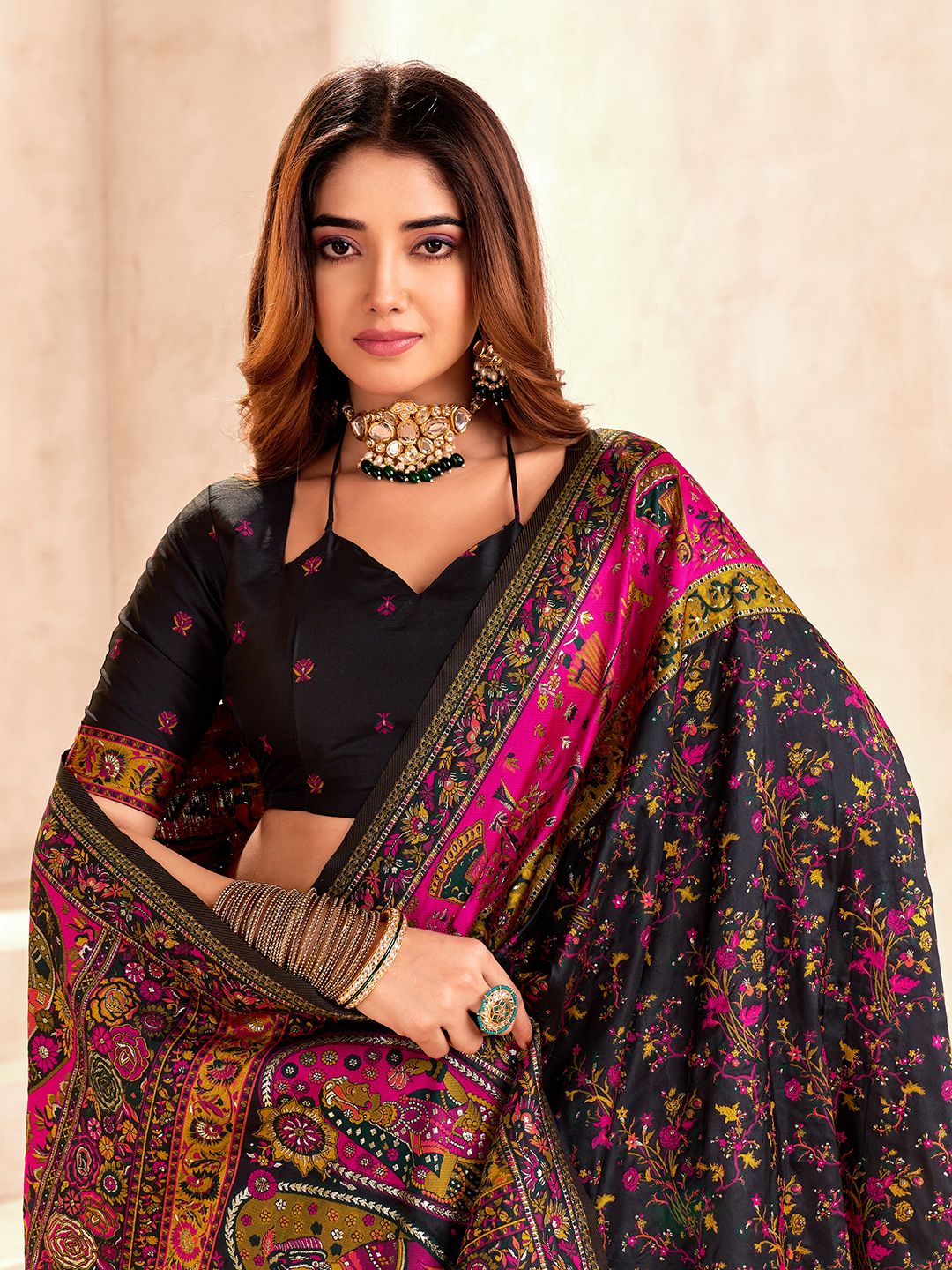 Sempiternal Black Nylon Dola Pashmina Saree With Effulgent Blouse Piece