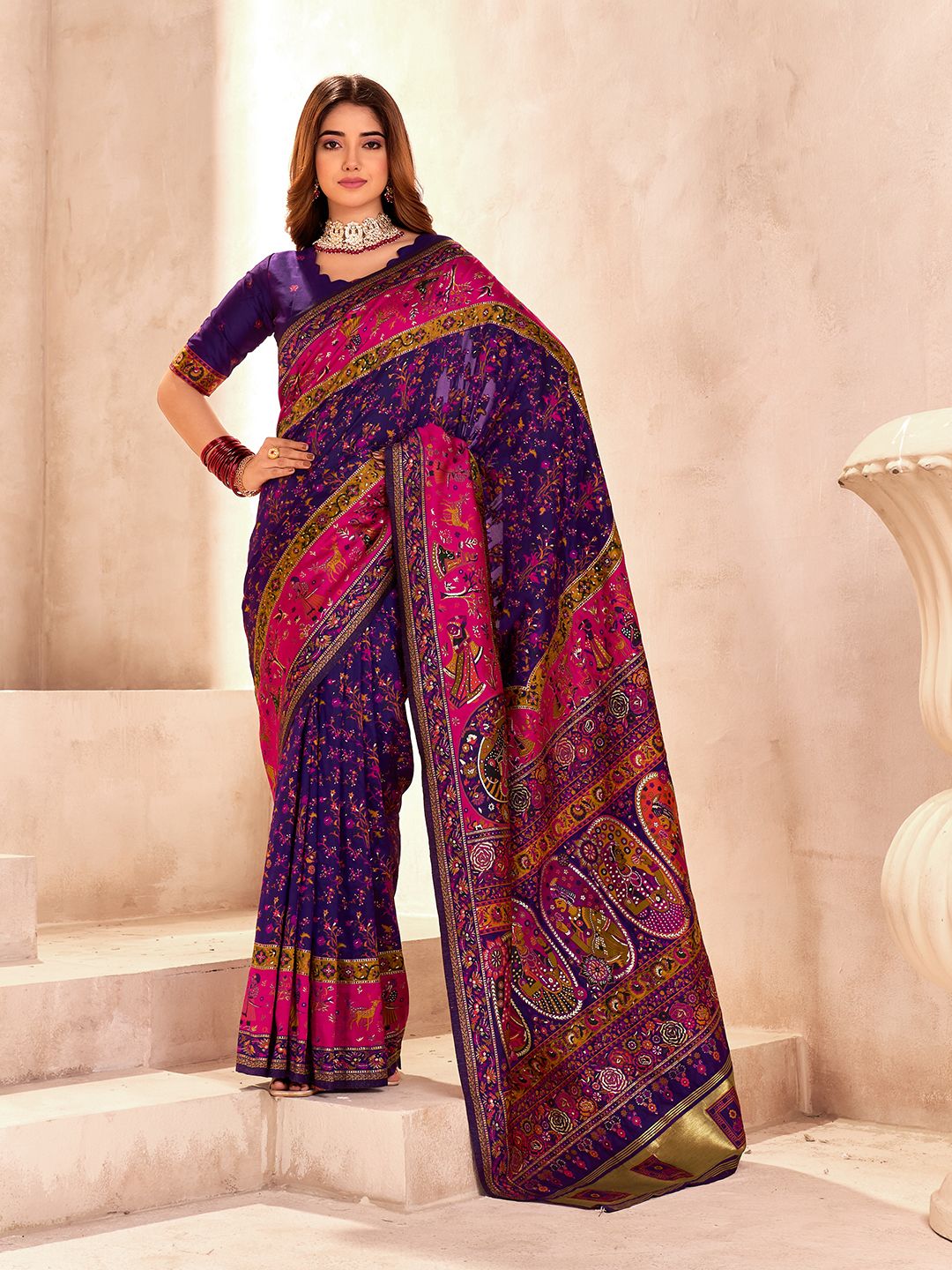 Delightful Blue Nylon Dola Pashmina Saree With Radiant Blouse Piece