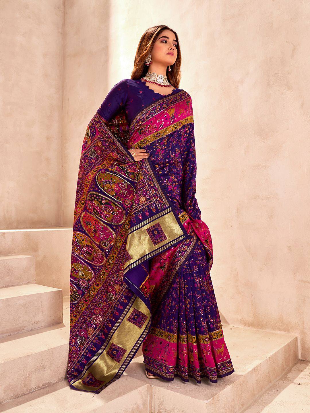 Delightful Blue Nylon Dola Pashmina Saree With Radiant Blouse Piece