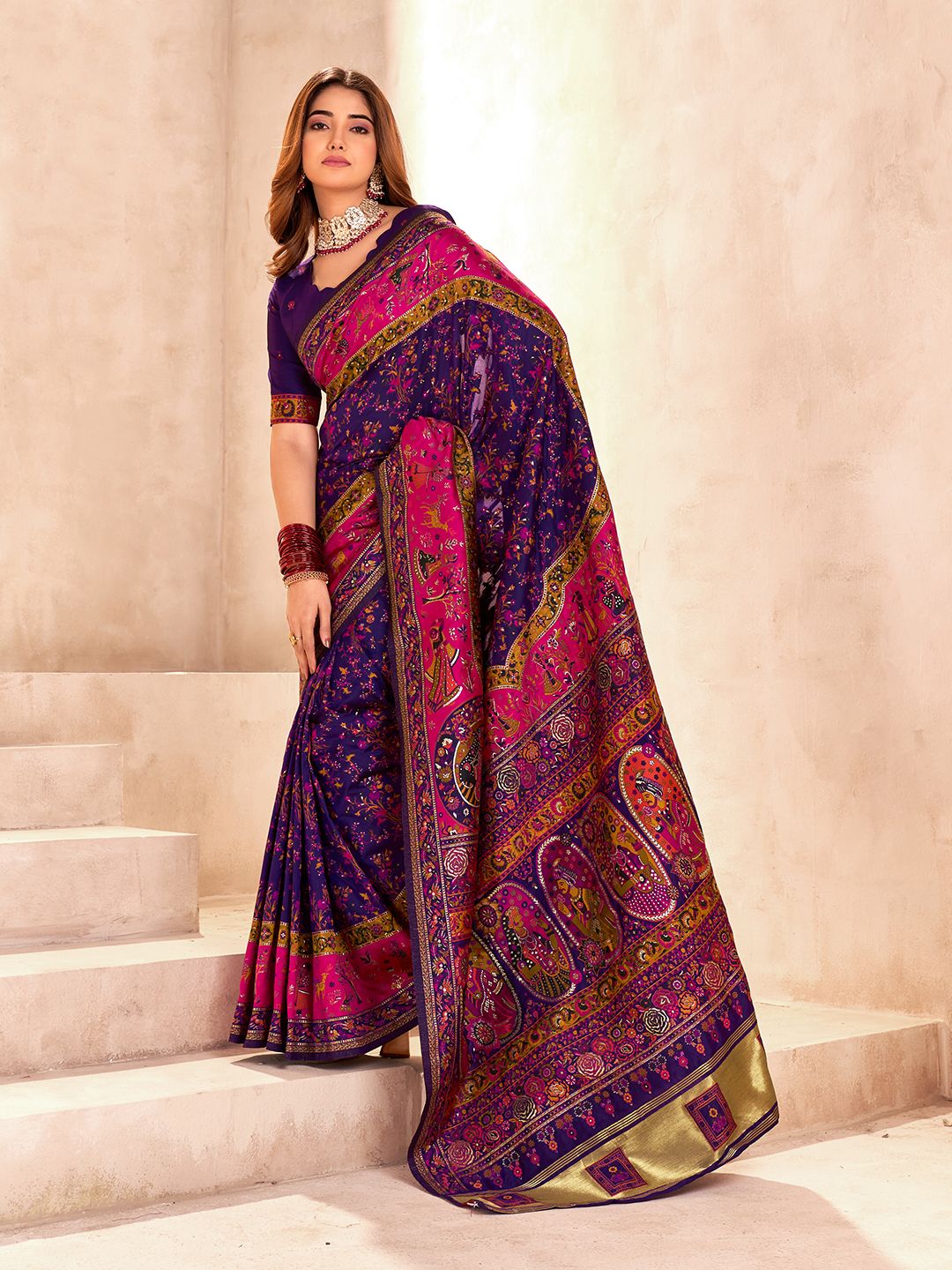 Delightful Blue Nylon Dola Pashmina Saree With Radiant Blouse Piece