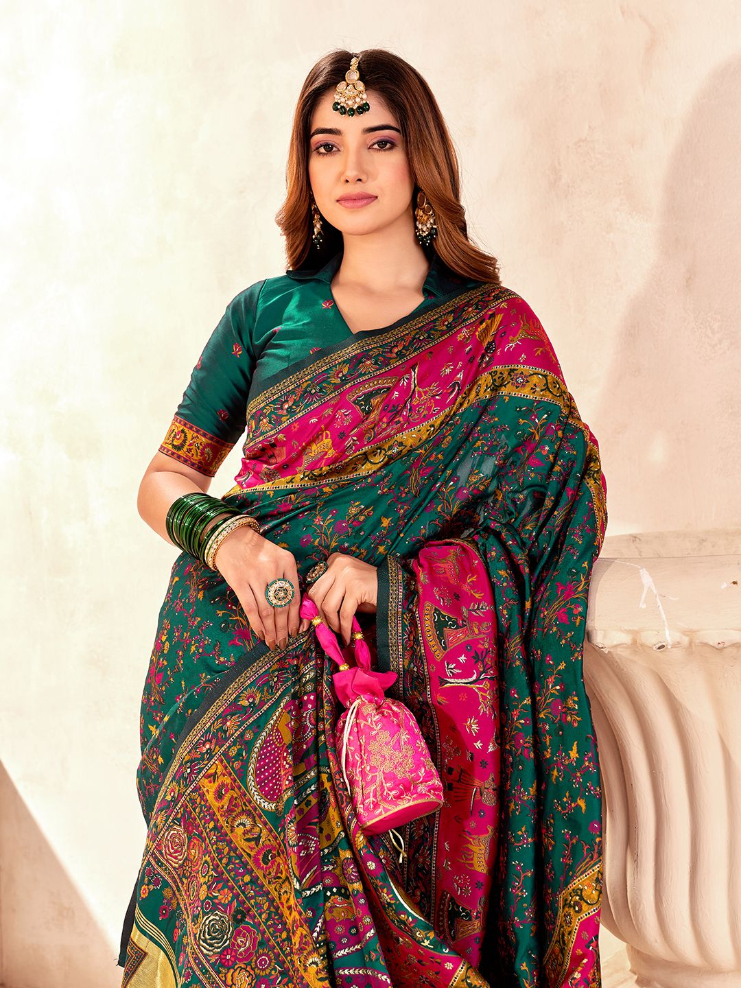Capricious Dark Green Nylon Dola Pashmina Saree With Marvellous Blouse Piece