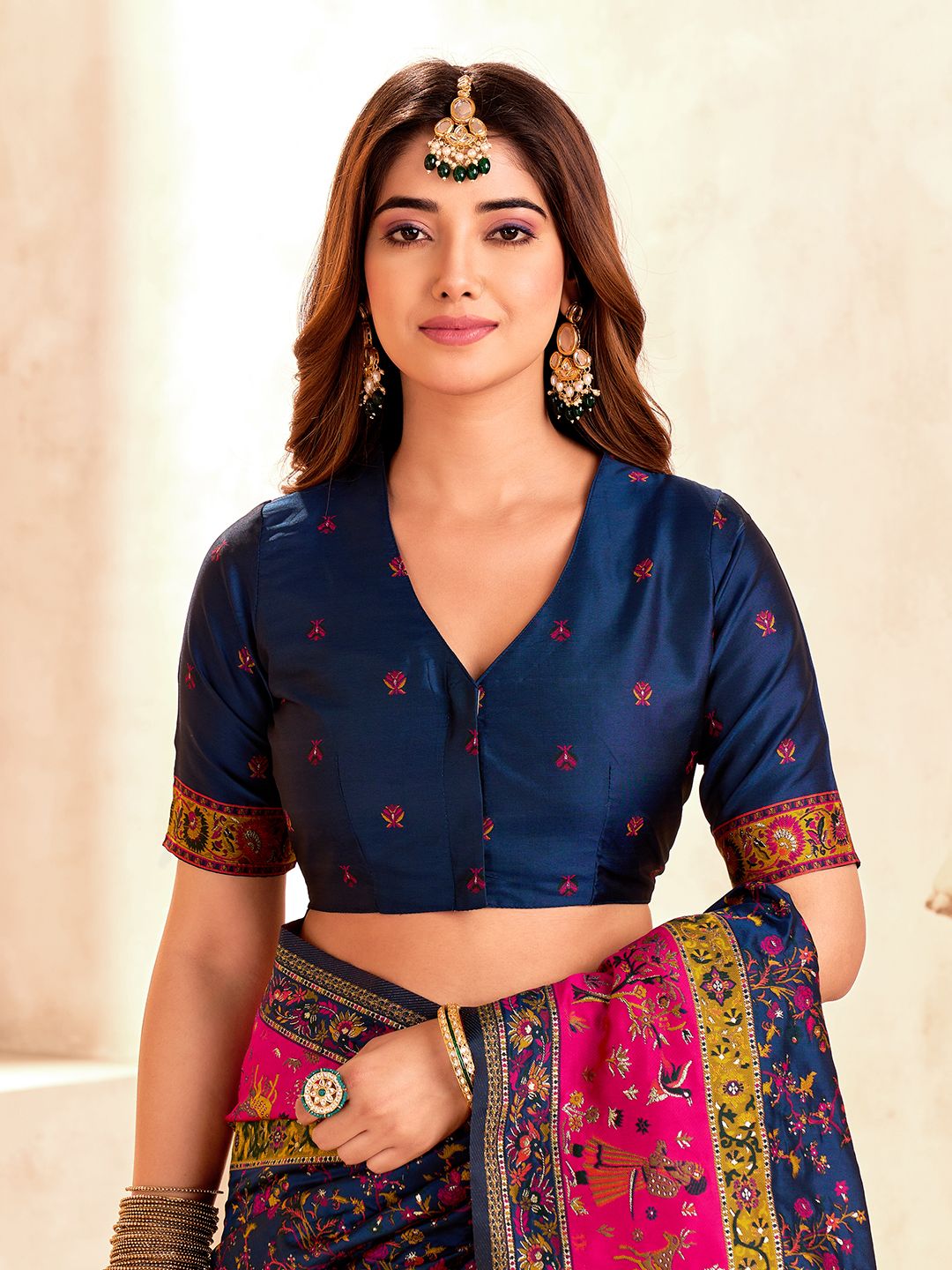 Demesne Navy Blue Nylon Dola Pashmina Saree With Sensational Blouse Piece