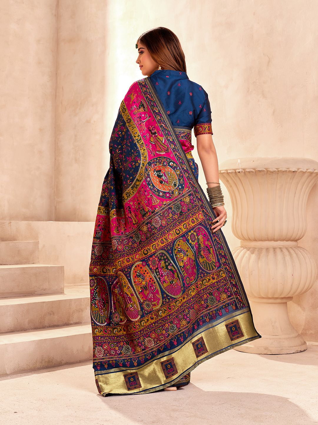 Demesne Navy Blue Nylon Dola Pashmina Saree With Sensational Blouse Piece