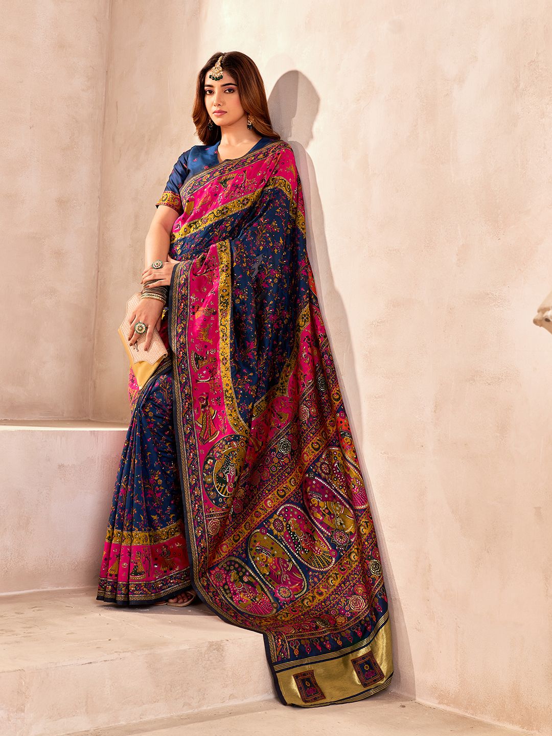 Demesne Navy Blue Nylon Dola Pashmina Saree With Sensational Blouse Piece