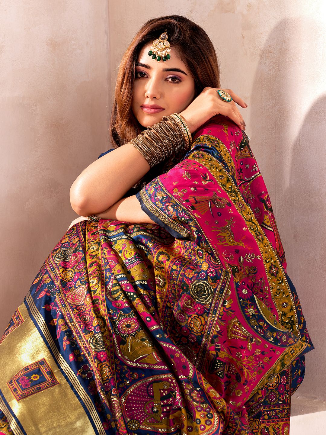 Demesne Navy Blue Nylon Dola Pashmina Saree With Sensational Blouse Piece