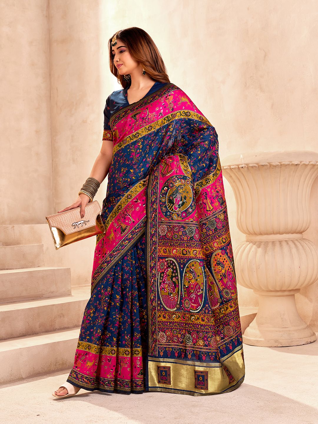 Demesne Navy Blue Nylon Dola Pashmina Saree With Sensational Blouse Piece