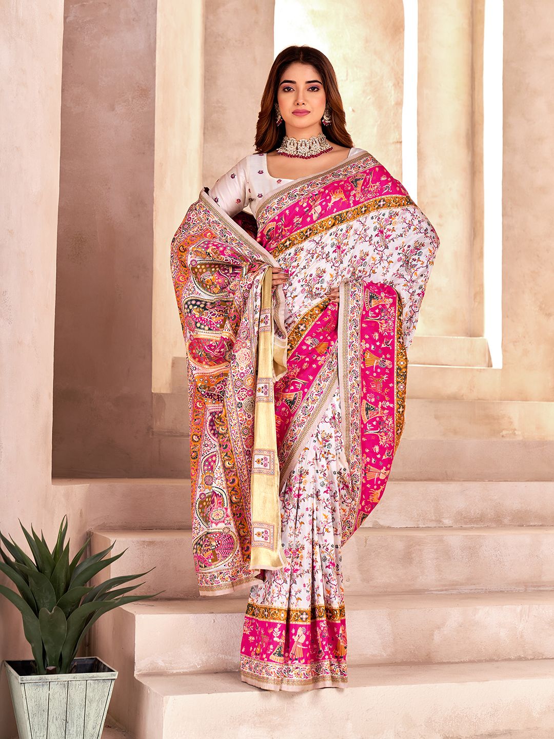 Forbearance Off White Nylon Dola Pashmina Saree With Tremendous Blouse Piece