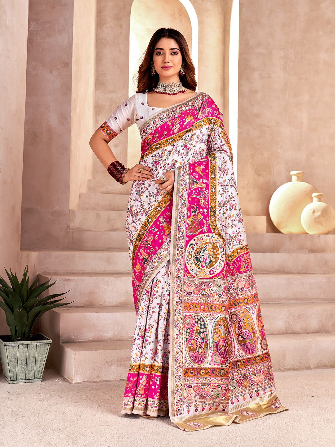 Forbearance Off White Nylon Dola Pashmina Saree With Tremendous Blouse Piece