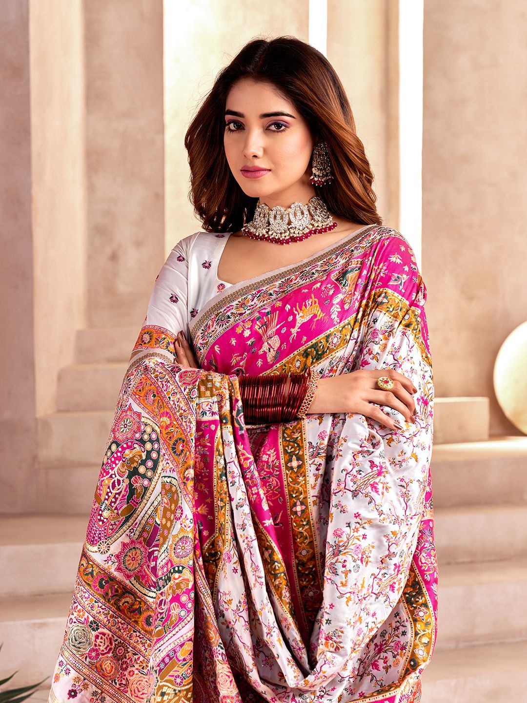 Forbearance Off White Nylon Dola Pashmina Saree With Tremendous Blouse Piece