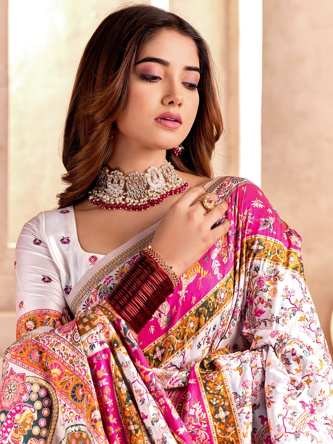 Forbearance Off White Nylon Dola Pashmina Saree With Tremendous Blouse Piece