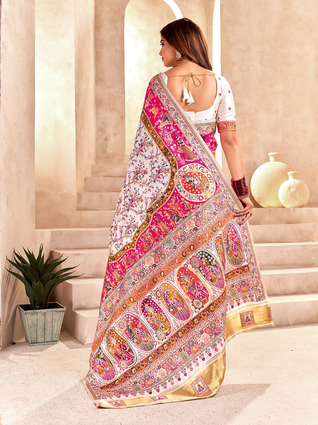Forbearance Off White Nylon Dola Pashmina Saree With Tremendous Blouse Piece