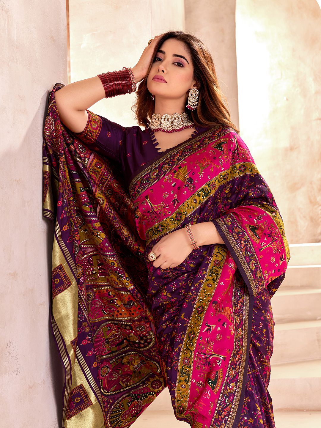 Alluring Purple Nylon Dola Pashmina Saree With Propinquity Blouse Piece