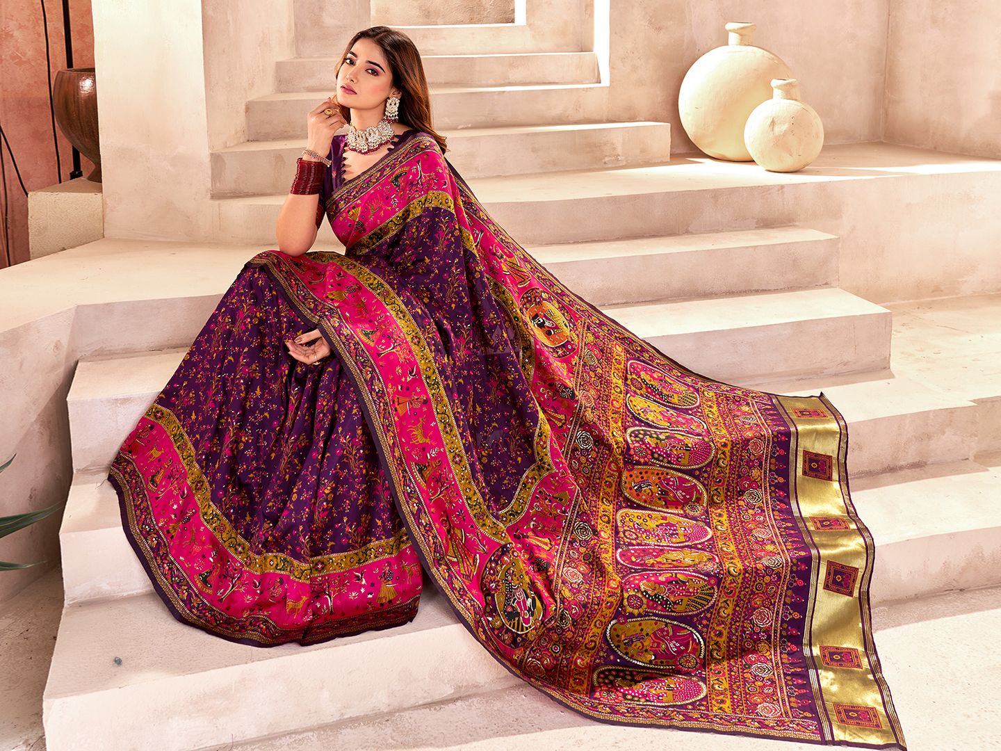 Alluring Purple Nylon Dola Pashmina Saree With Propinquity Blouse Piece