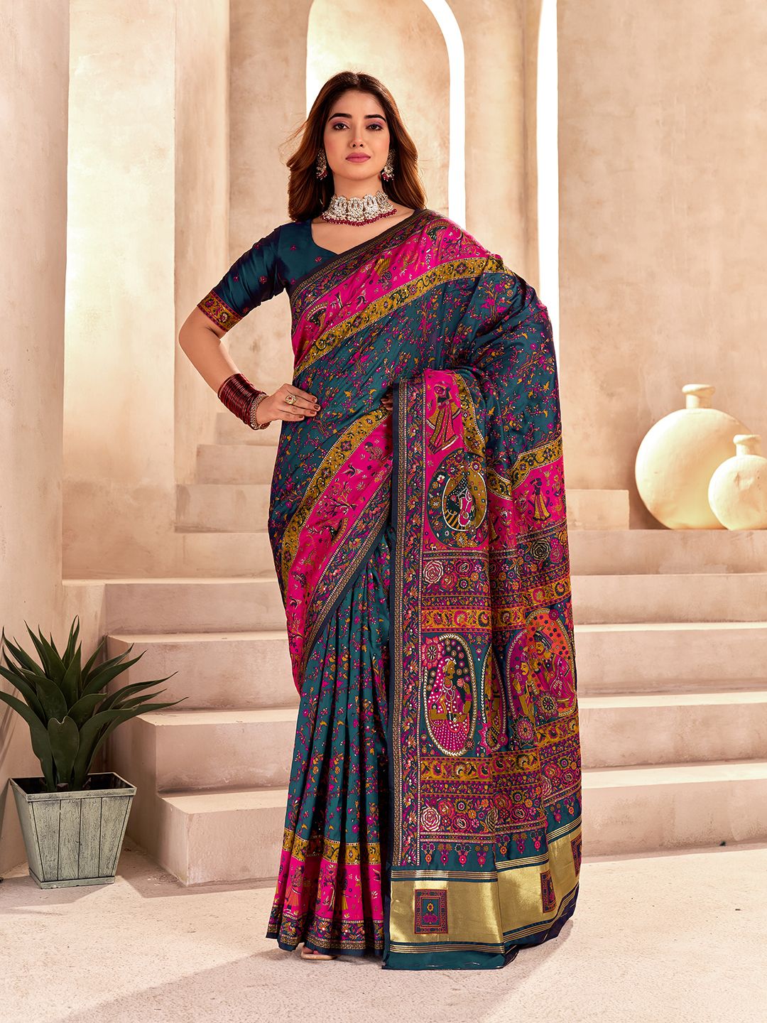 Serendipity Rama Nylon Dola Pashmina Saree With Panache Blouse Piece
