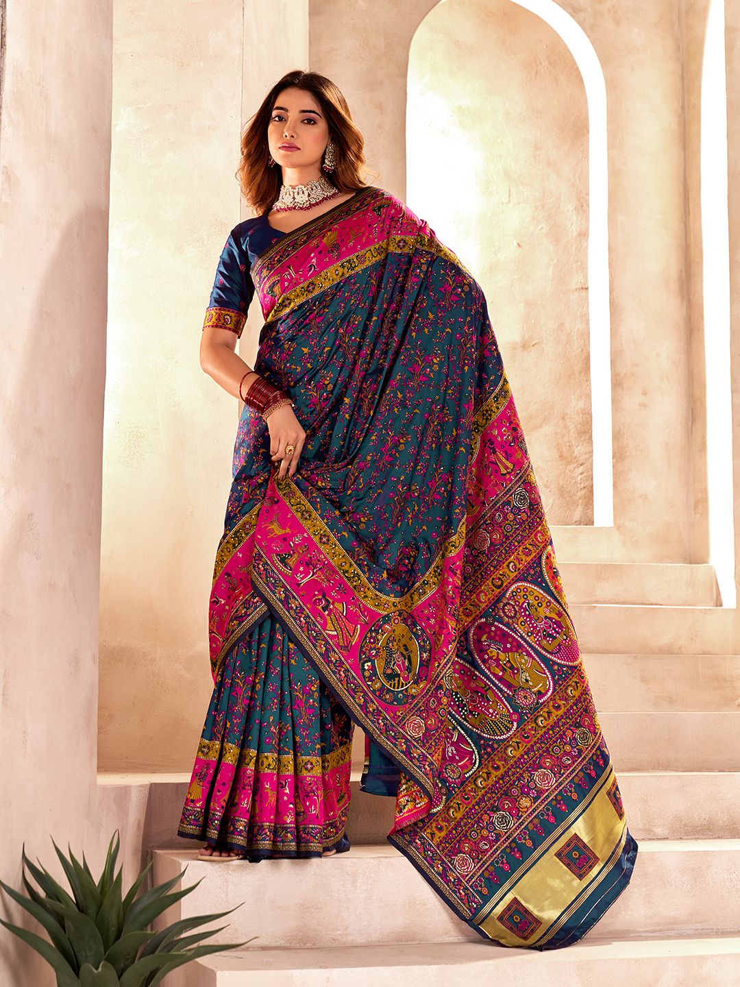 Serendipity Rama Nylon Dola Pashmina Saree With Panache Blouse Piece